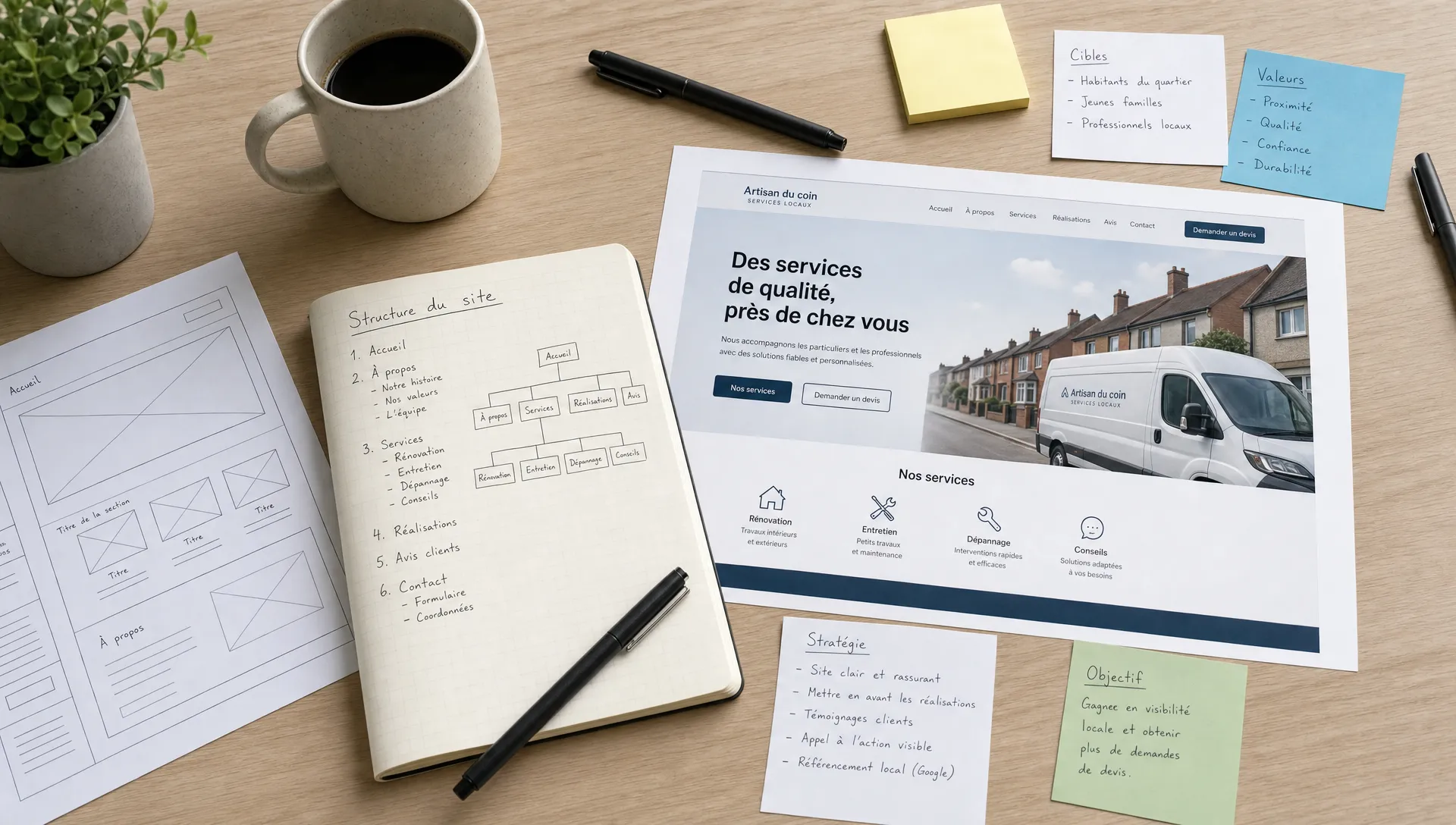 Une table de travail vue en léger plongée avec des wireframes imprimés, une maquette de page d’accueil sur papier, un carnet de notes sur la structure du site et quelques repères de stratégie pour une petite entreprise locale.