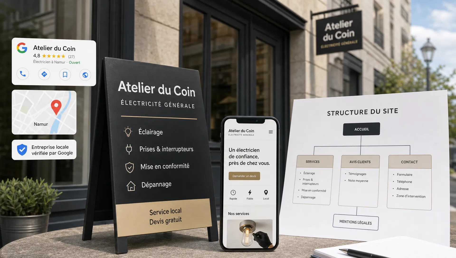 Vue large d’un mobile en première approche pour une petite entreprise locale, avec au premier plan un panneau de signalétique de commerce de quartier et, à côté, une feuille de structure de site qui relie accueil, services, avis et contact. En arrière-plan, une façade urbaine sobre et quelques éléments de repérage local suggèrent la visibilité sur Google et la clarté de l’offre, sans personne au centre de la scène. Composition d’établissement et de stratégie, crédible, orientée web design business et acquisition de clients.