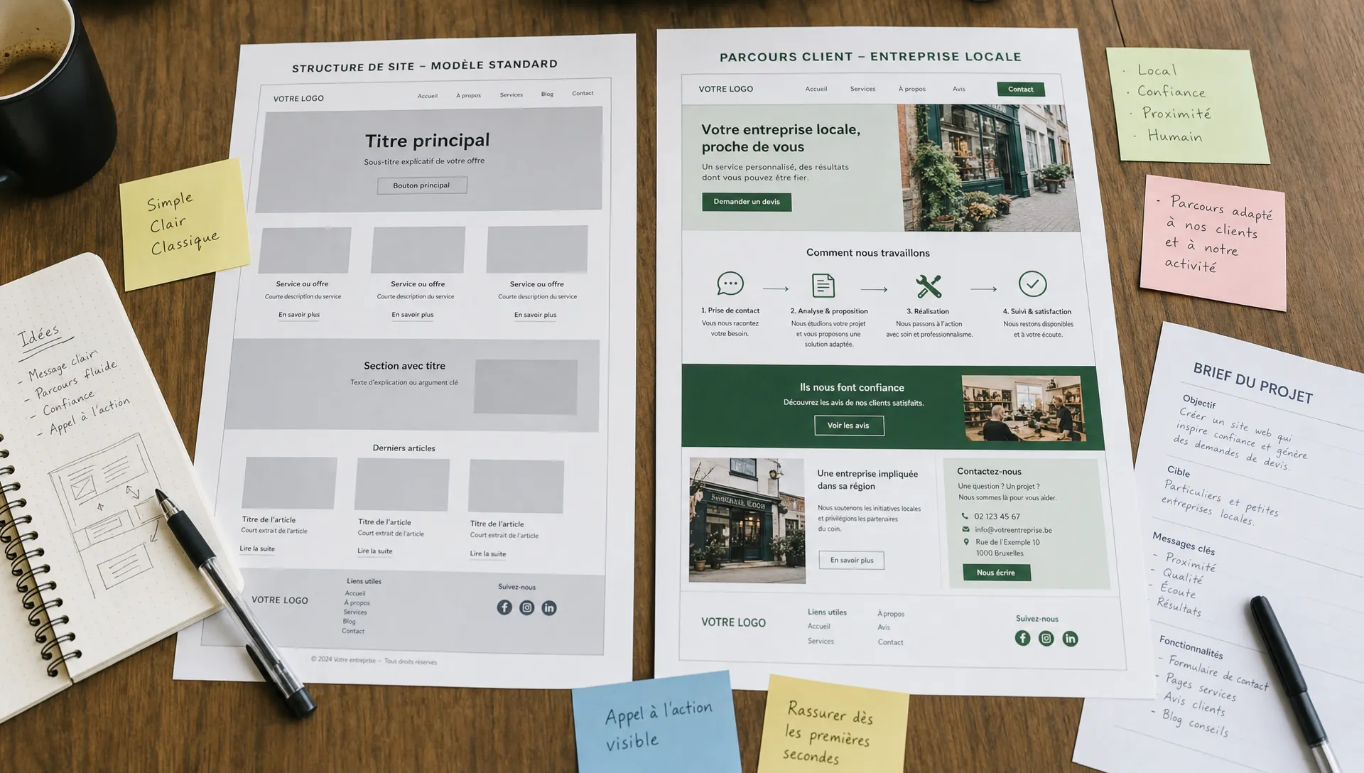Deux maquettes de site web posées côte à côte sur une table de travail, l’une avec une structure standard en blocs répétitifs, l’autre avec un parcours client adapté à une entreprise locale, entourées de notes, d’un carnet et de feuilles de brief.