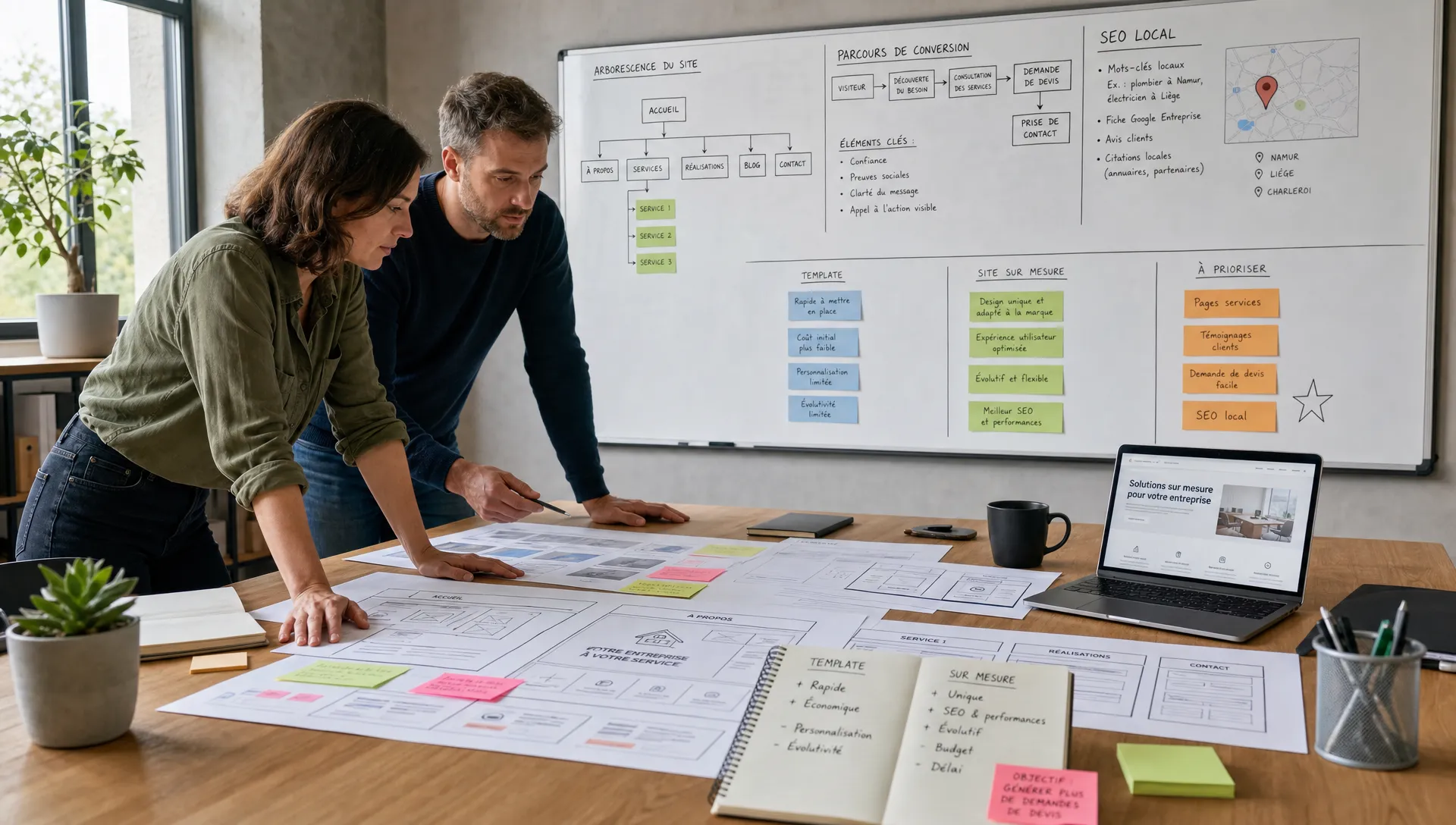 Vue large d’un atelier de stratégie web dans un espace lumineux, avec une personne adulte et une autre personne adulte examinant des schémas d’arborescence, des wireframes imprimés et des notes de priorisation étalés sur une grande table. Au mur, un grand tableau affiche des blocs de contenu, des parcours de conversion et des indications SEO locales. L’ensemble doit évoquer le choix entre template et site sur mesure pour une petite entreprise, avec une ambiance analytique et professionnelle.