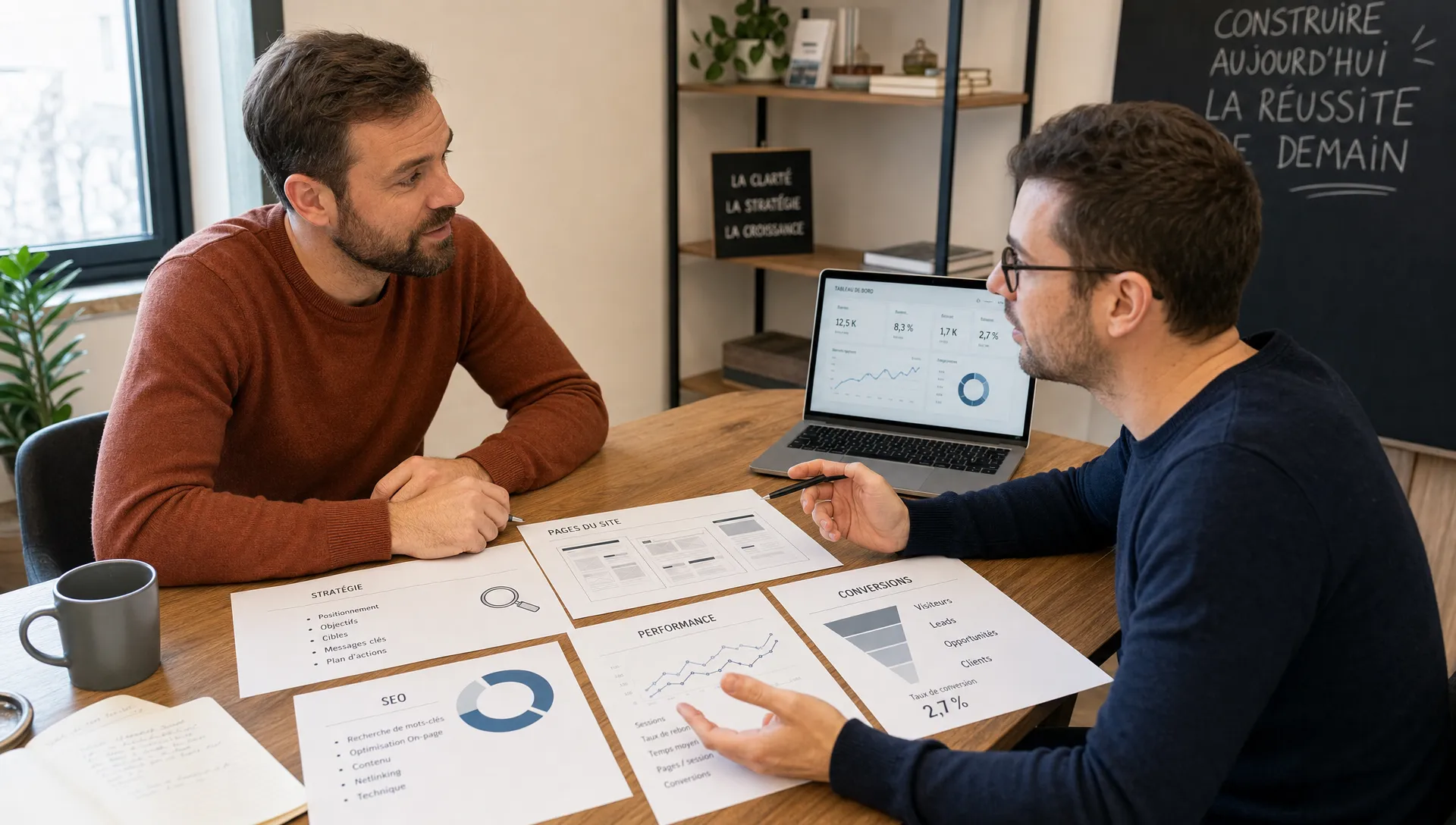 Un propriétaire de petite entreprise échange avec un consultant autour d'une table, avec des documents de cadrage montrant la stratégie, les pages du site, le SEO, la performance et les conversions.
