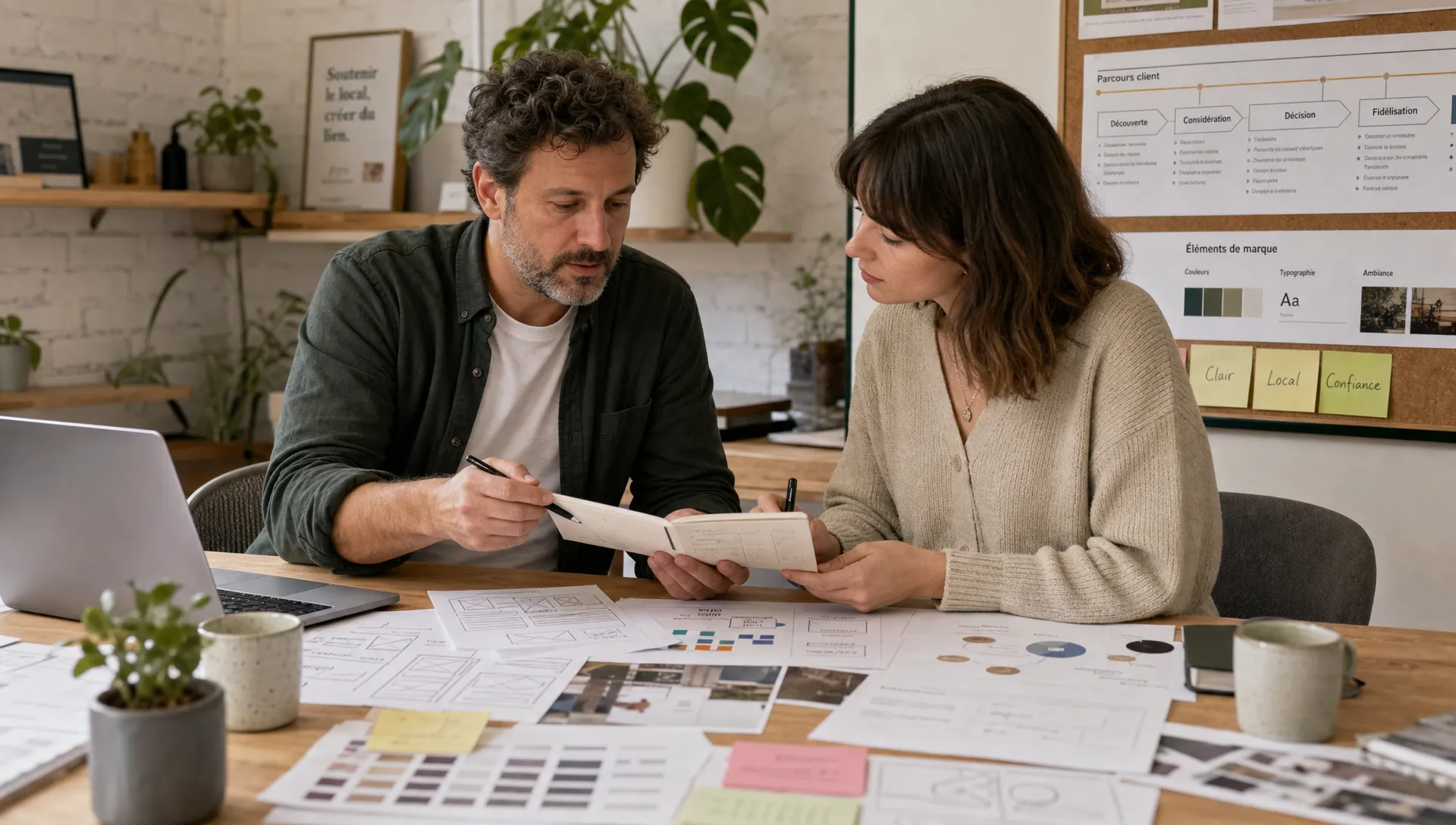 Un propriétaire de petite entreprise locale examine des notes de refonte de site web avec une designer, autour d’une table couverte de croquis de pages, d’exemples de parcours client et d’éléments de marque pour préparer une présence en ligne plus claire.