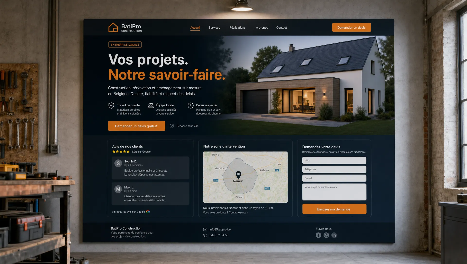 Maquette de page web locale montrant une proposition de valeur claire, un bouton de demande de devis, des avis clients, une carte de contact et un formulaire court affichés sur un panneau mural dans un atelier.