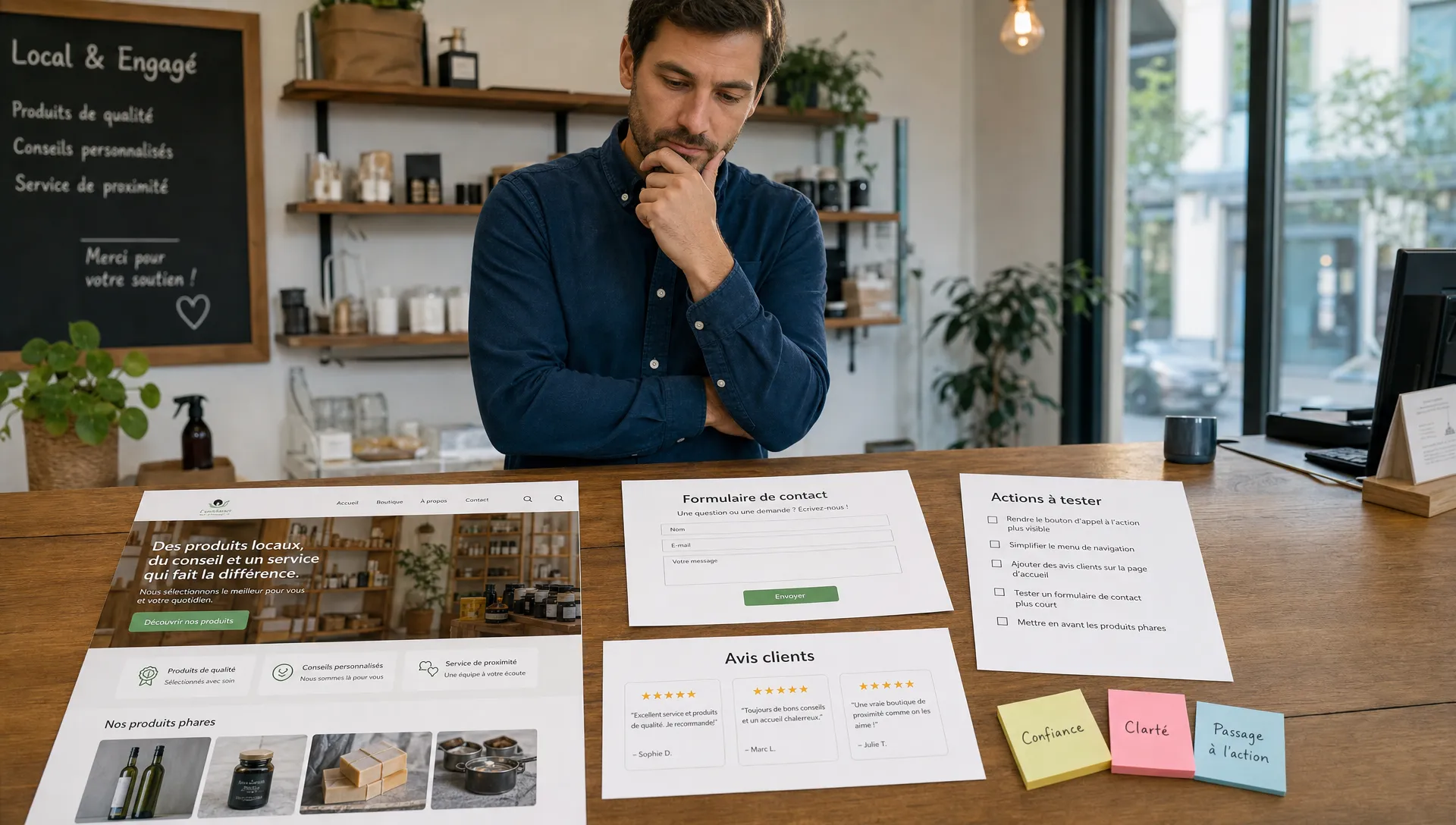 Vue large d’un petit commerce local en train d’optimiser son site web pour convertir davantage, avec au premier plan un comptoir de travail où sont posés une maquette de page d’accueil imprimée, un formulaire de contact court, des avis clients et une liste simple d’actions à tester. À l’arrière-plan, une personne adulte observe les éléments avec un regard concentré, dans un cadre intérieur clair et crédible, pour évoquer la clarté du message, la confiance et le passage à l’action.