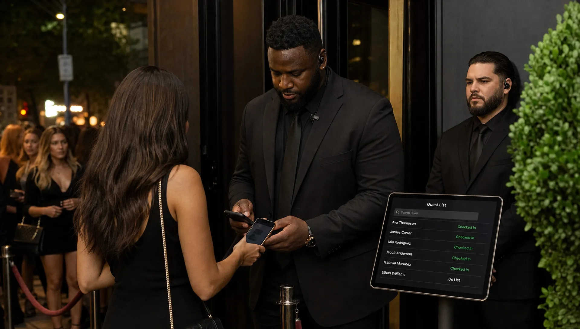 A venue entrance with new door staff checking in guests using phones and a clean digital guest list.