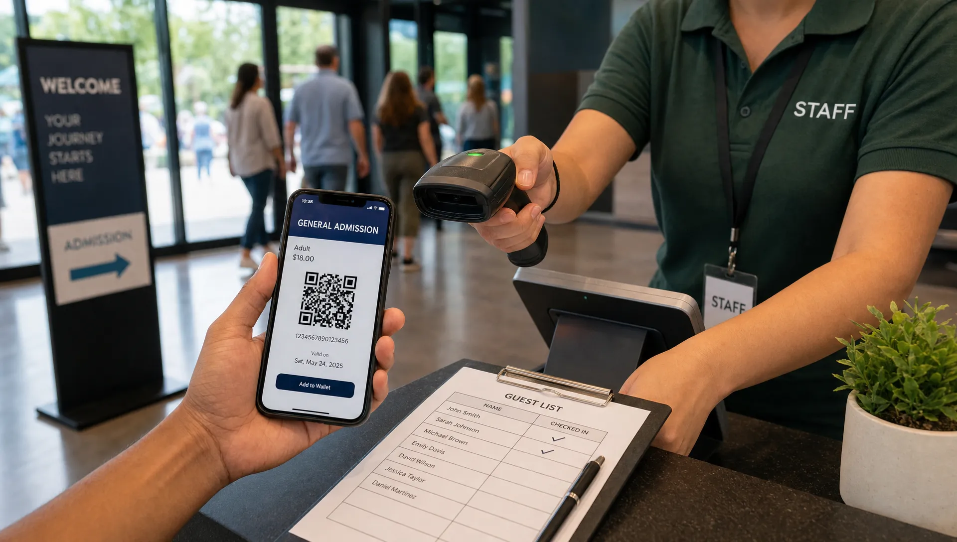 Landscape close-up of a scanner in use at the entrance desk, with a phone held beside it showing a clean ticket on the screen facing the camera and a paper guest list with a few checked names on the counter. The surrounding entrance area stays visible enough to show it is the actual check-in point, not a tabletop setup.