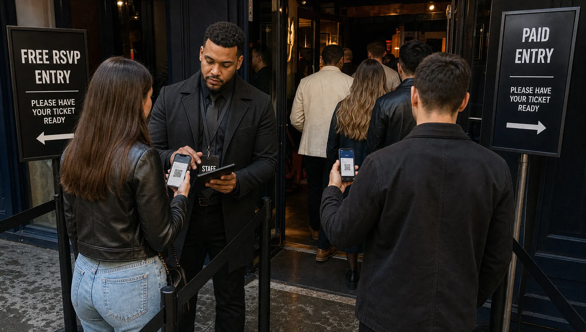 A door staff member checking a digital guest list at a venue entrance while attendees arrive with mobile tickets, with clear signs for free RSVP and paid entry lines.