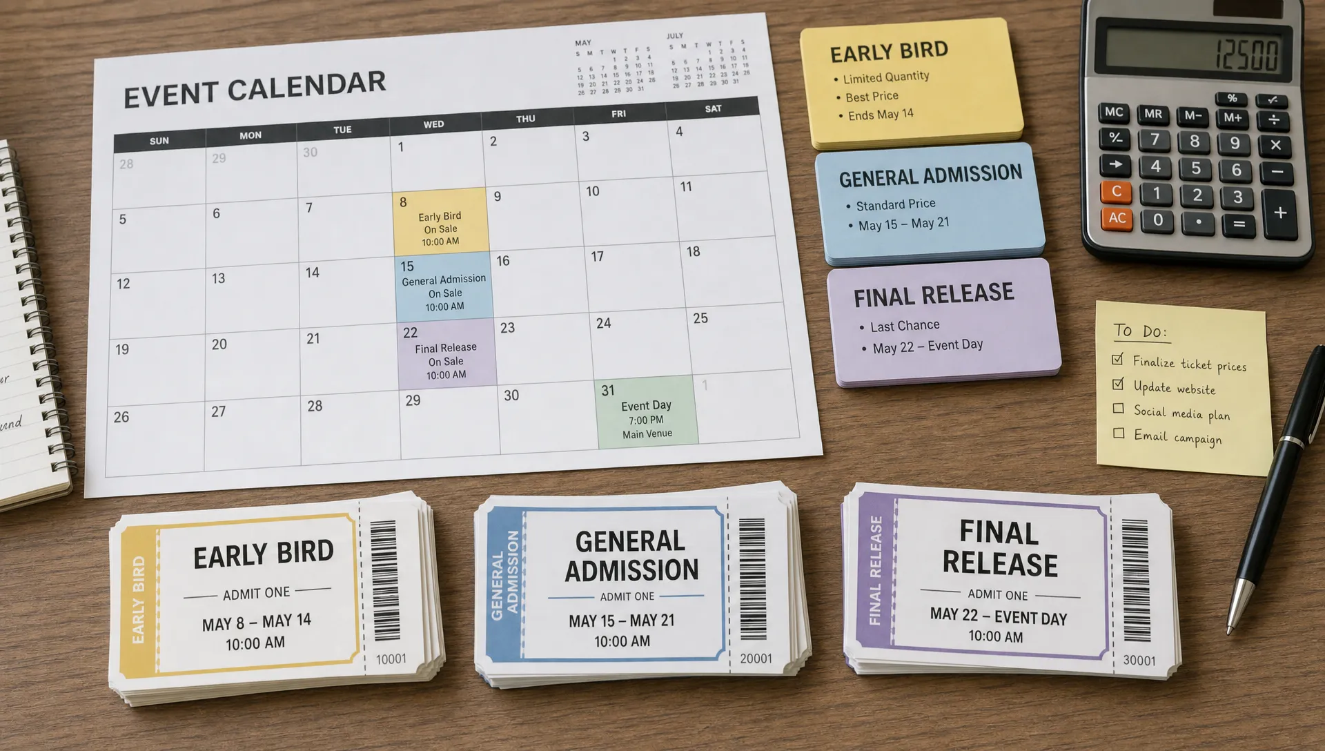 A planning table with a printed event calendar, colored cards for ticket phases, a calculator, and stacks of labeled ticket stubs showing early bird, general admission, and final release timing.