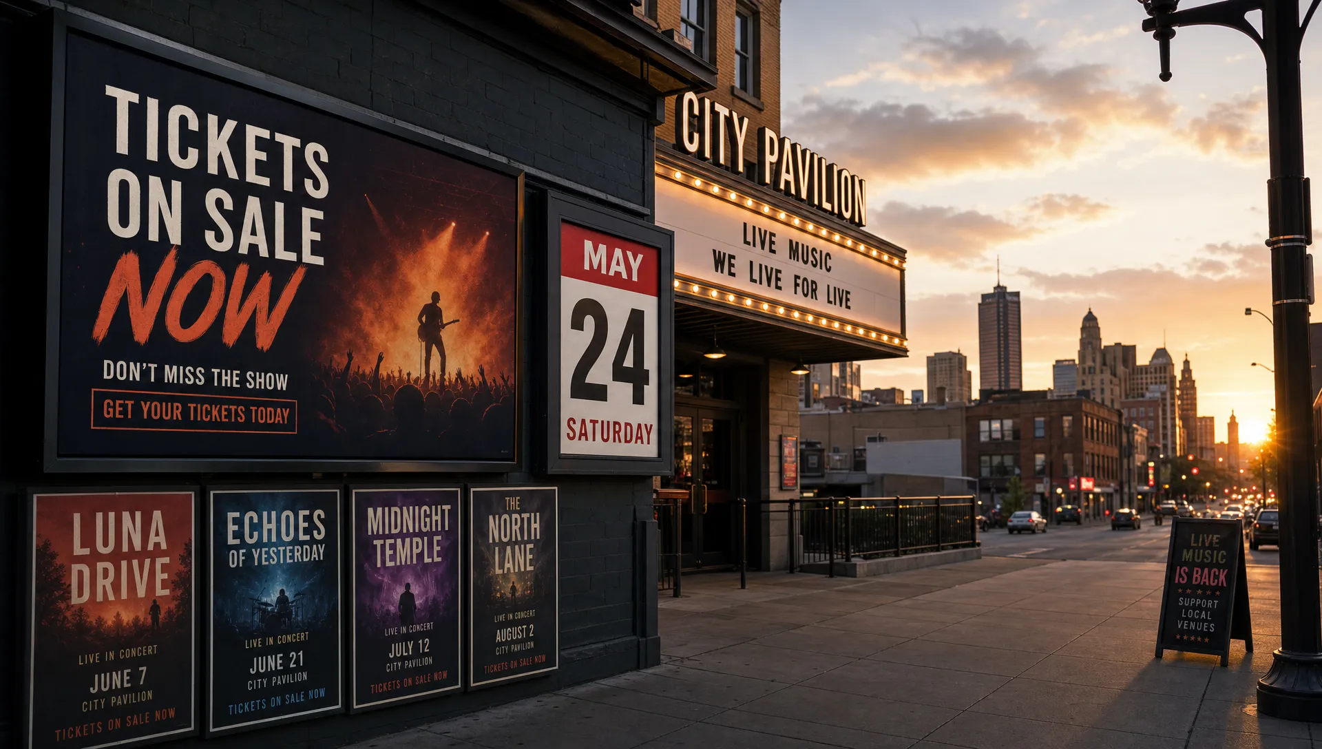 A wide outdoor scene of a concert venue and city streets at golden hour, with a large event launch billboard, a visible calendar-style date marker, and a small cluster of promotional posters near the entrance, suggesting the moment a ticket campaign goes live and momentum begins to build. No office desk, no checkout screen, and no people at a table; the focus is on timing, anticipation, and the public-facing launch of ticket sales.