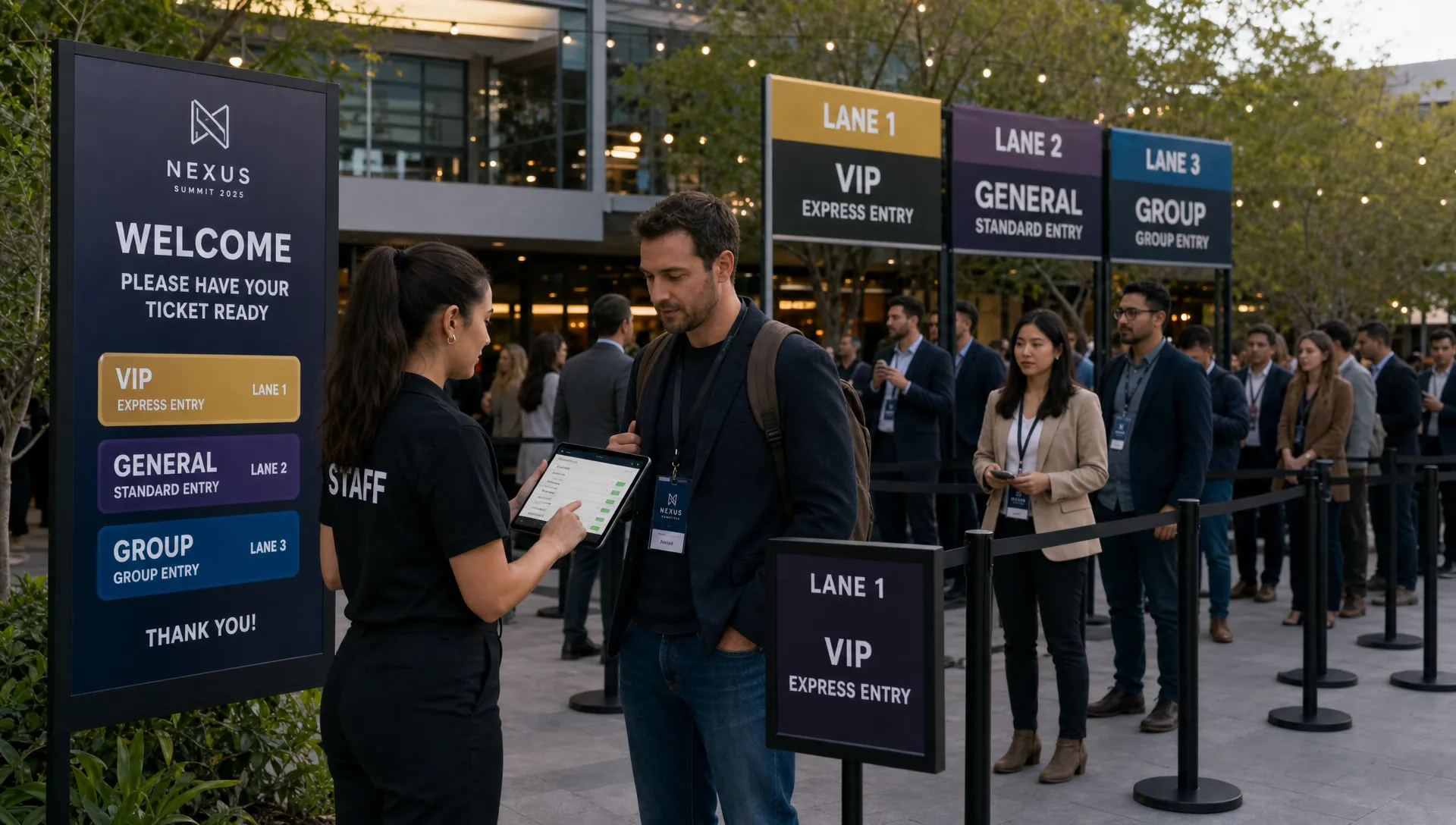 A busy event entrance with staff checking attendees against a digital guest list on a tablet, guests waiting in an organized line, and clear signage showing ticket tiers and entry lanes.
