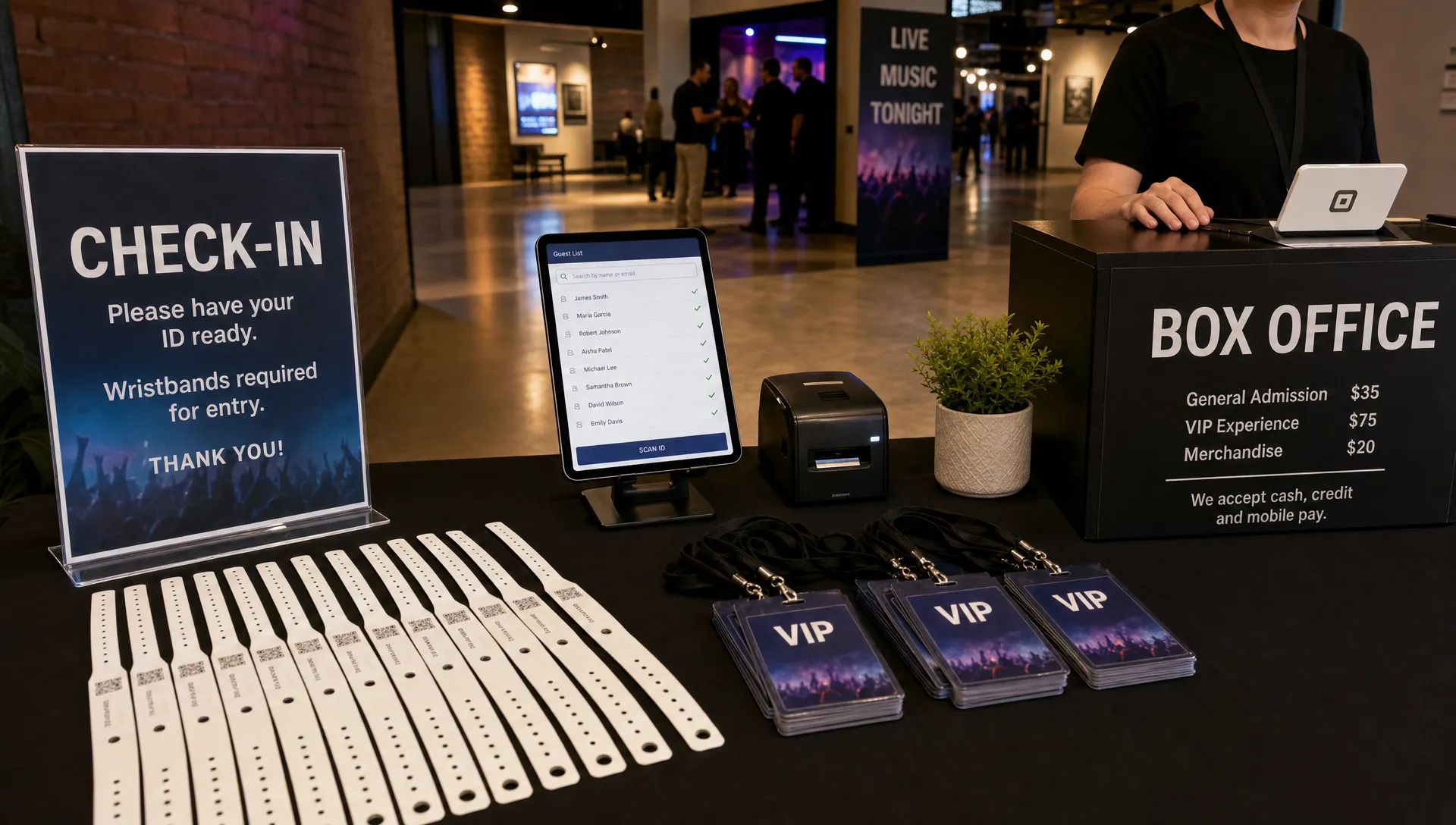 A live event check-in station with printed wristbands, a guest list tablet, stacked badges, and a small box office counter.