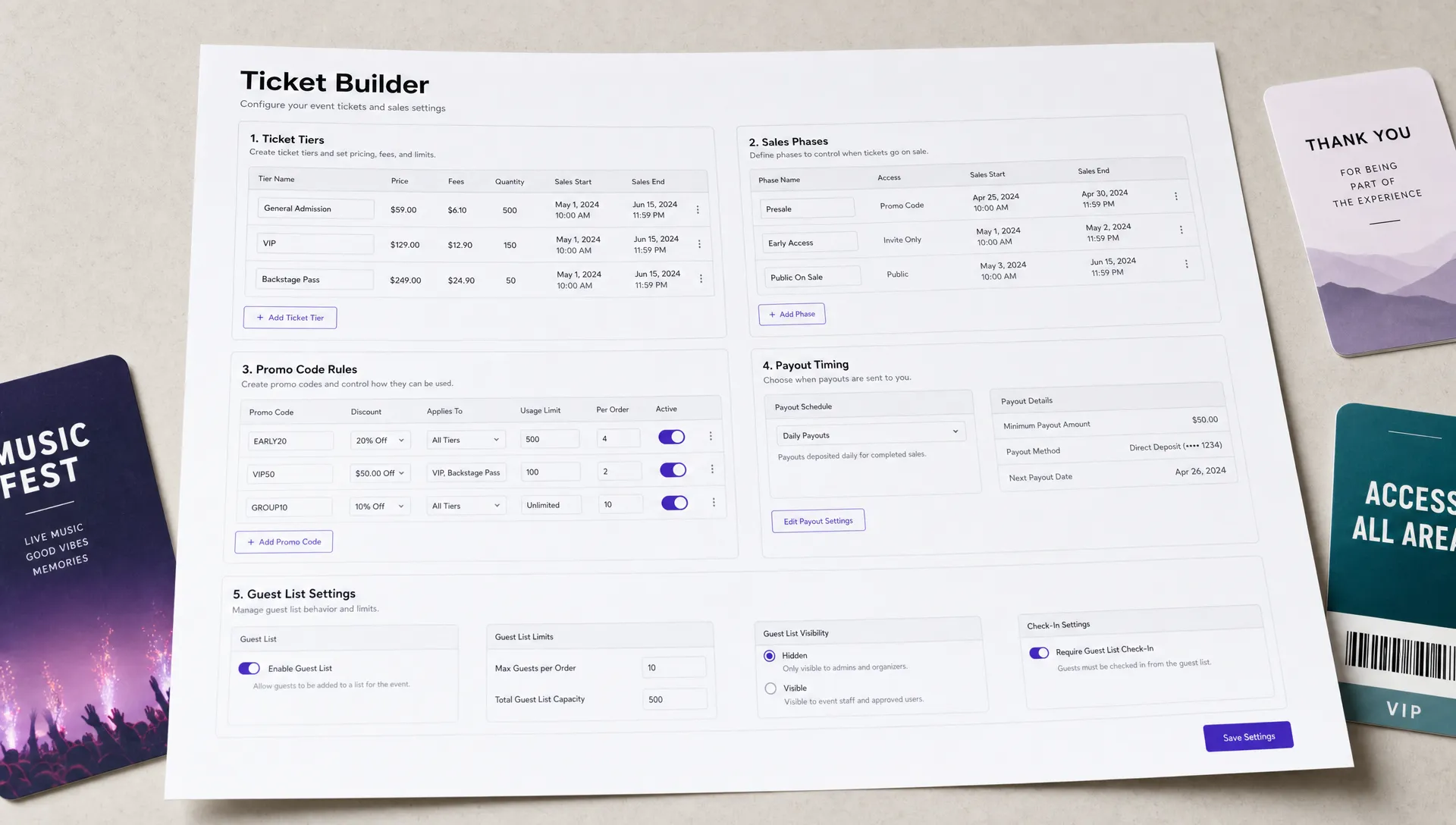 Landscape close-up of a ticket builder interface printed as a large page layout on a clean tabletop, with fields for ticket tiers, sales phases, promo code rules, payout timing, and guest list settings arranged around it; the page fills most of the frame with simple supporting cards and no people present.