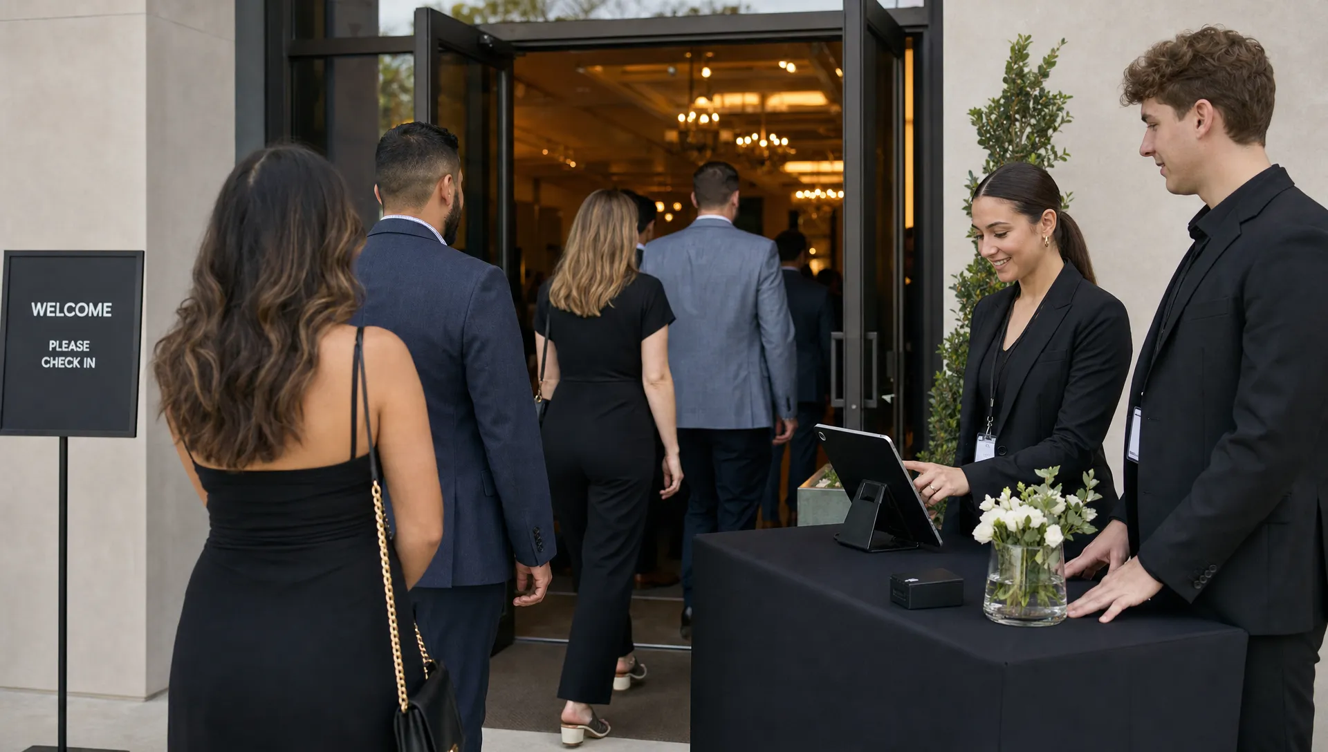 A venue entrance with staff checking a digital guest list at a check-in table while a short queue of attendees moves toward the doors.