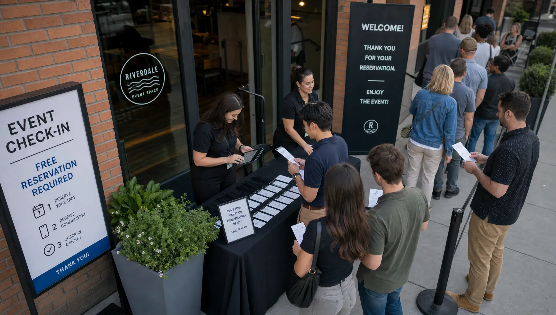 A wide overhead view of an event registration desk beside a venue entrance, with staff checking names on a tablet and a small cluster of attendees holding tickets or RSVP confirmations, while a visible queue forms toward the doors and signage indicates a free reservation process.