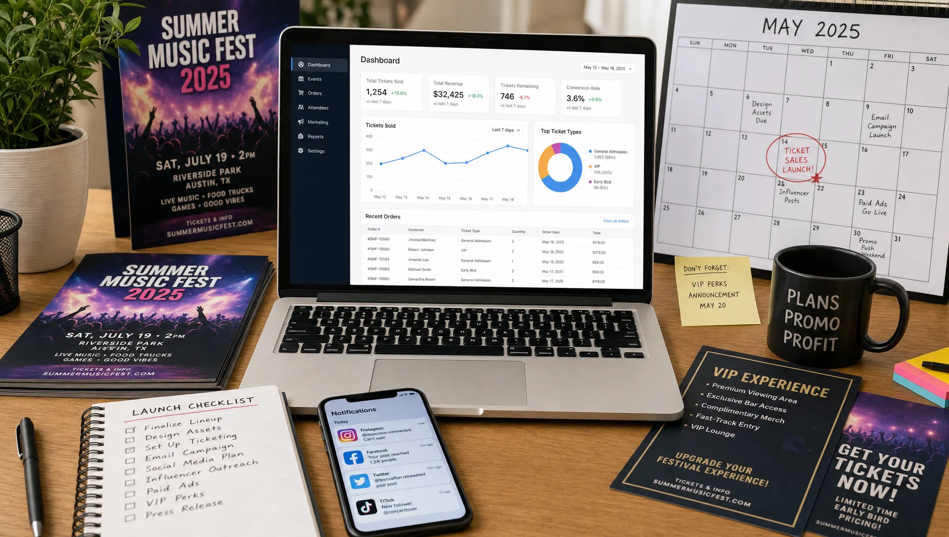 A busy event promotion workspace with printed flyers, a laptop showing a ticket sales dashboard facing the viewer, a phone with social media notifications, and a calendar marked with launch deadlines.