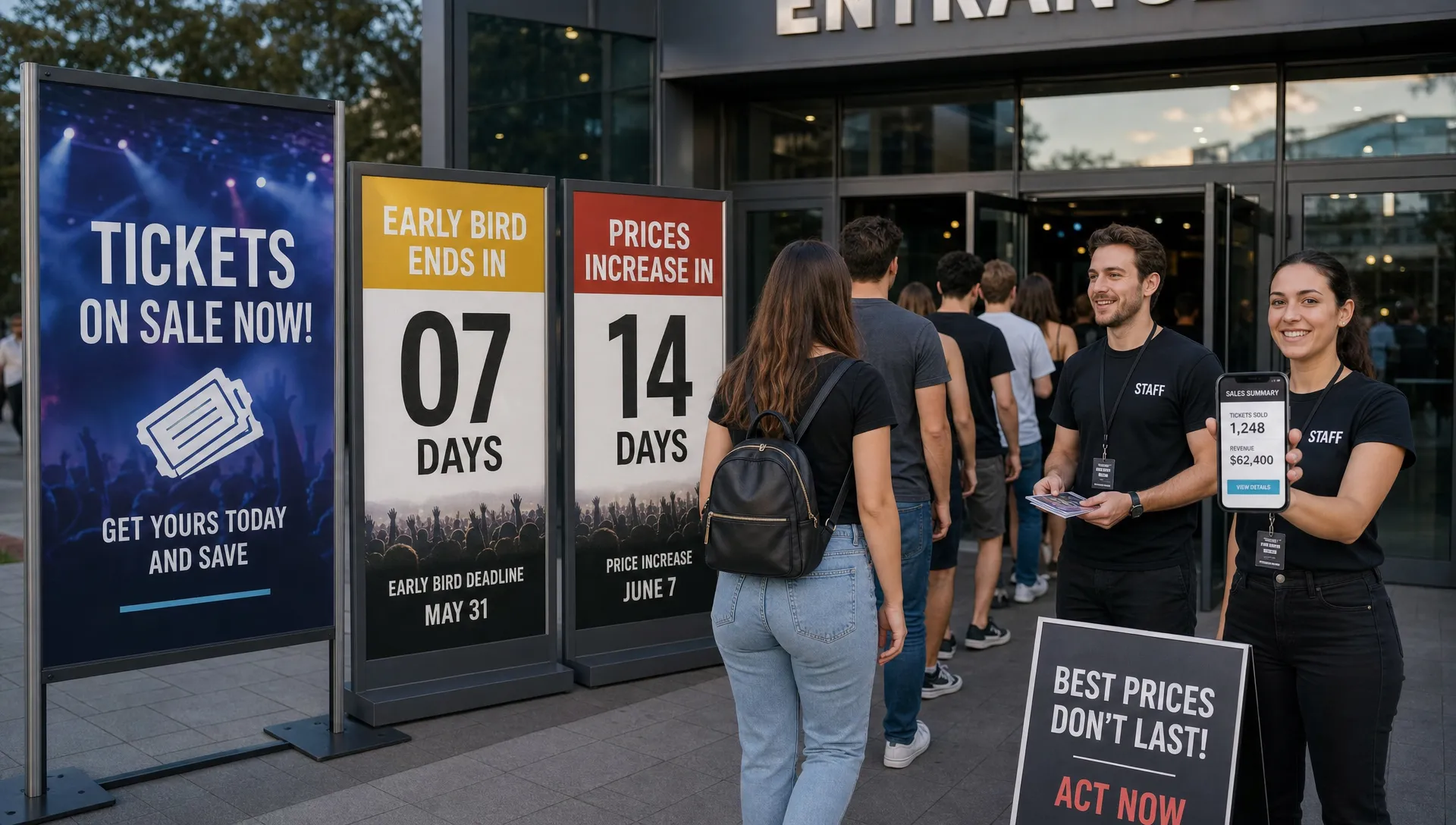 A wide outdoor scene at an event entrance where a printed sign announces that tickets are on sale now, a pair of large countdown posters shows an early-bird deadline and a price increase date, and a small group of attendees approaches the doors while staff hand out flyers and check a phone with a simple sales summary facing the camera, creating a sense of live momentum and limited-time urgency.