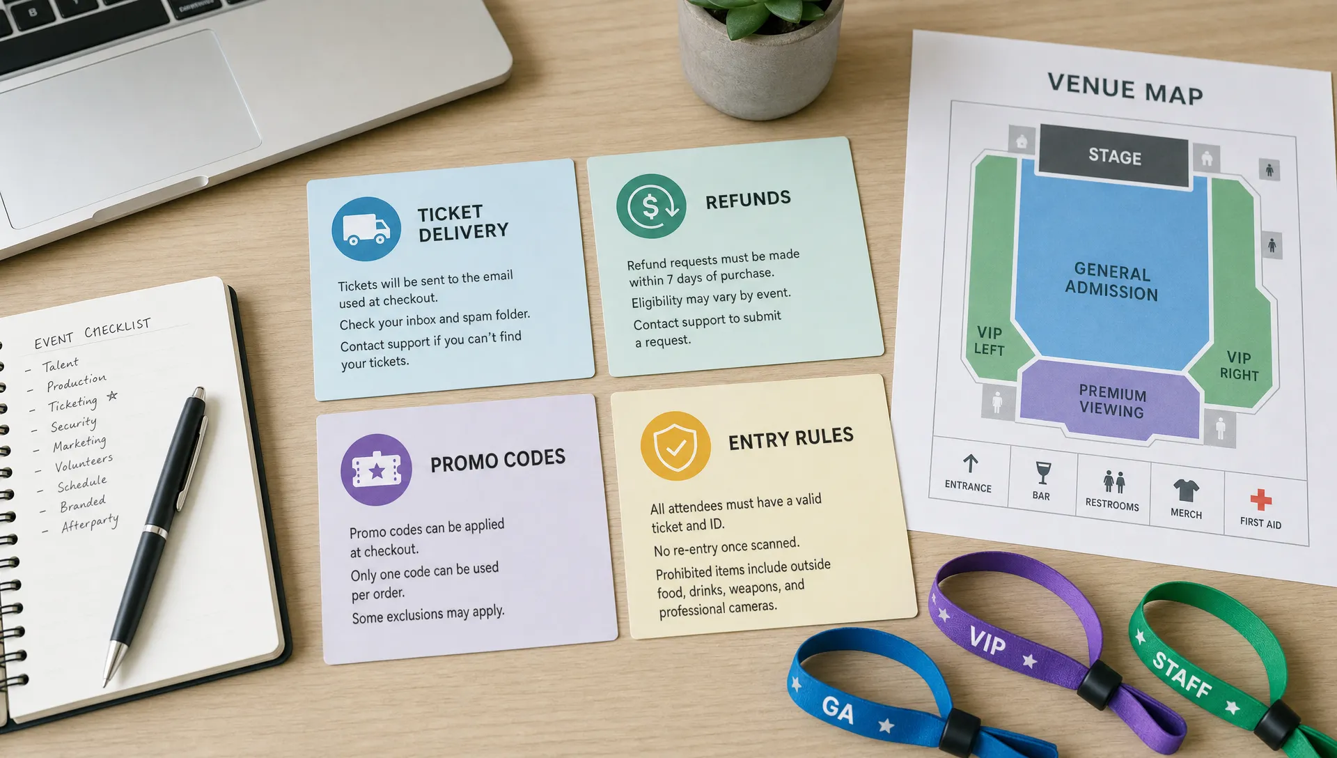 An organizer's desk shows support cards for ticket delivery, refunds, promo codes, and entry rules beside a venue map and wristbands.