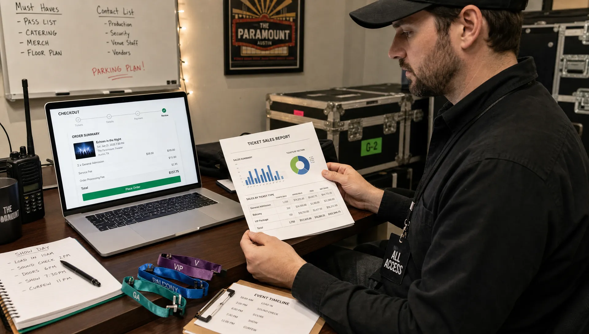 A venue manager reviews printed ticket sales reports, event wristbands, and a laptop showing a clean ticketing checkout summary on a desk inside a backstage planning room.