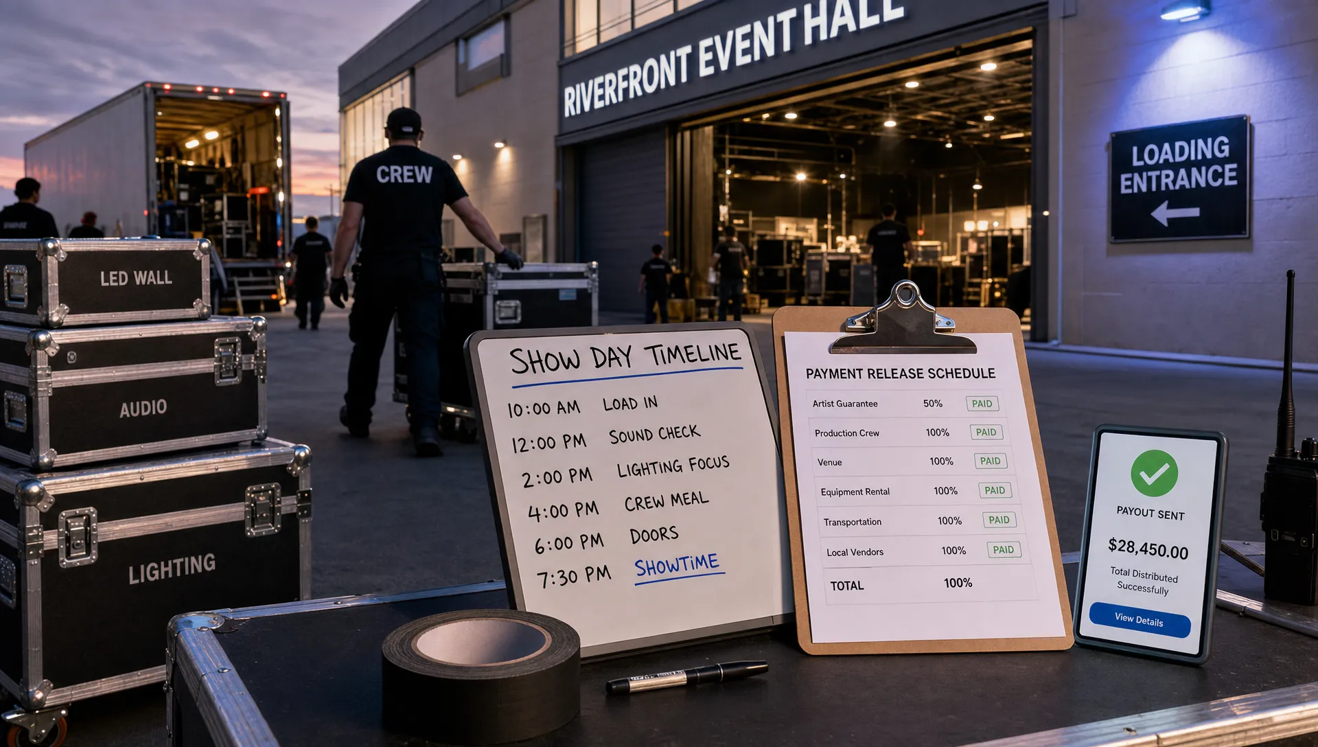 A wide exterior scene of a venue loading entrance at dusk, with stacked production cases, a crew timing board, a payment release schedule on a clipboard, and a simple mobile payout notification card facing the camera on a nearby table, with the event hall lights glowing in the background and no desk-office setup, showing how ticket revenue supports real event operations and cash flow before showtime.