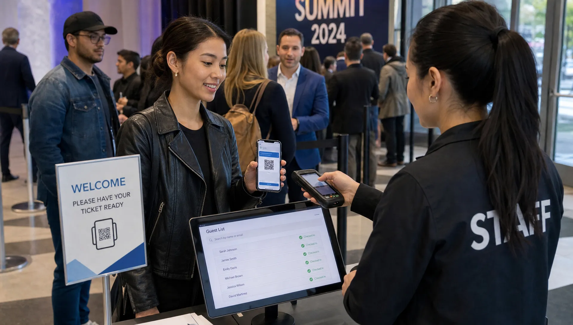 A busy event entrance with attendees moving through organized lanes while staff scan digital tickets from smartphones and check names on a digital guest list station.