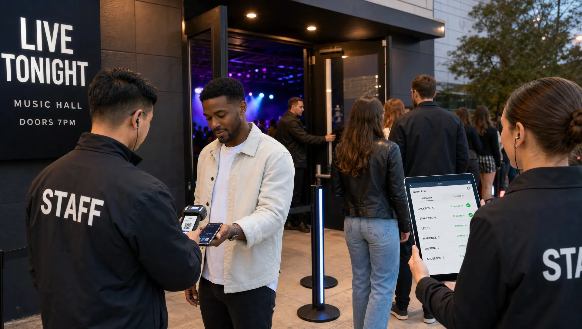A wide outdoor scene at the entrance of a music event, with one attendee tapping a phone against a handheld scanner while another staff member checks a tablet showing the digital guest list facing the camera, a short queue forming beside illuminated entry lanes, and the venue doors open in the background to suggest fast validation and smooth arrival.