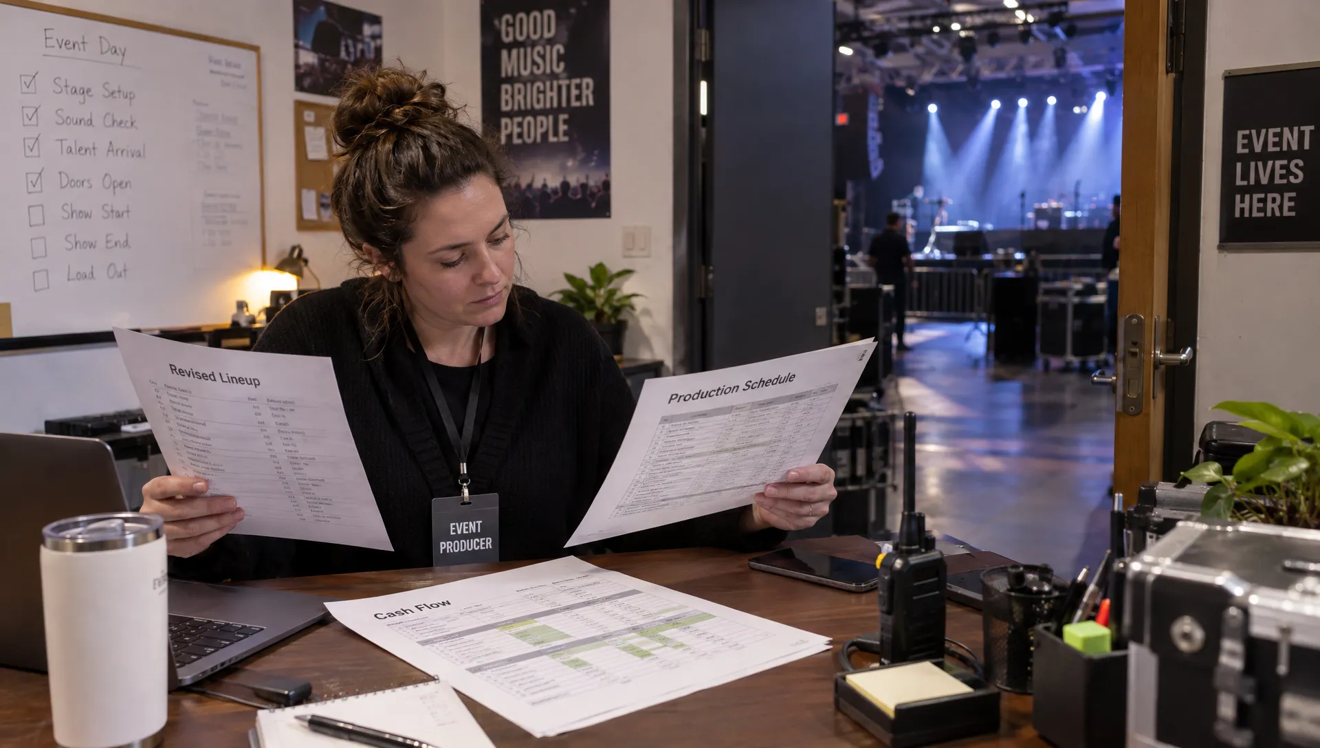 An event producer checks the revised lineup and production schedule beside a cash-flow worksheet at a venue office, with the event space visible through an open doorway.