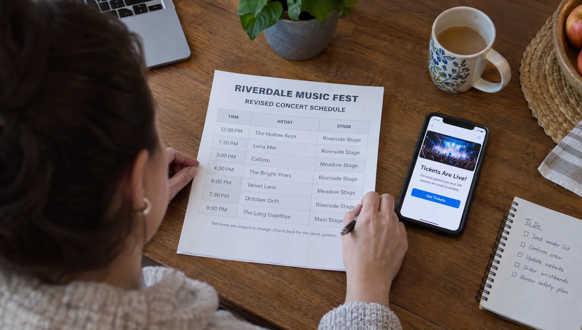 Landscape overhead view at a home kitchen table where an adult event organizer reviews a printed revised concert schedule beside a phone displaying a buyer announcement, screen facing up, with a mug and everyday household items around the table.