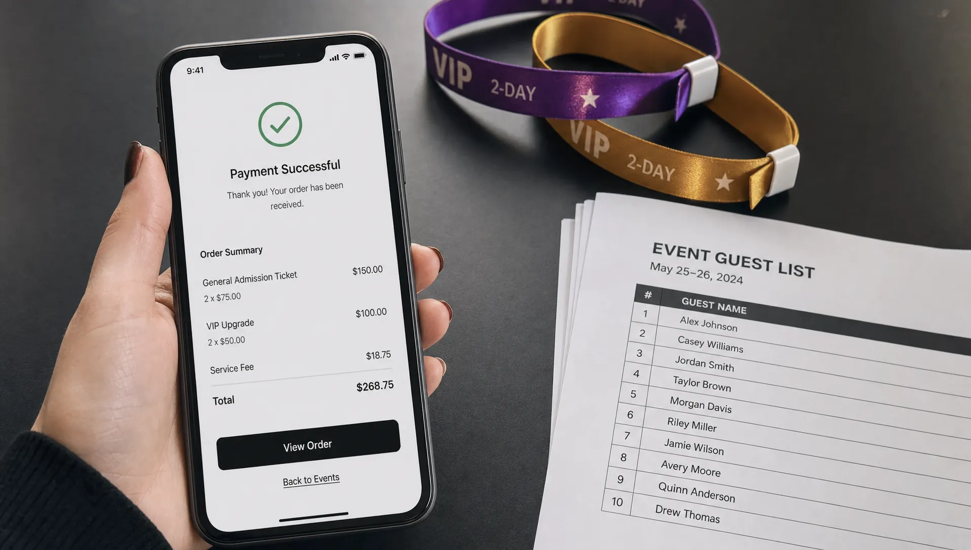 A close-up indoor scene of a smartphone showing a completed checkout confirmation beside event wristbands and a small stack of printed guest list pages on a table.