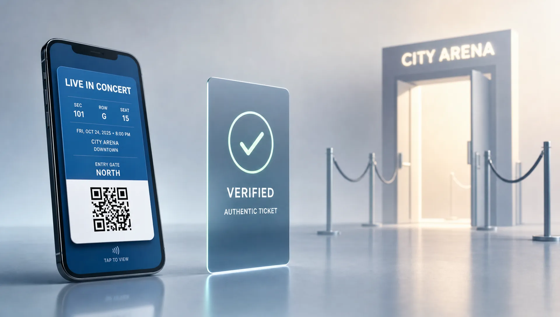 A wide conceptual scene of a secure event entry journey represented by a digital ticket pass, a verification checkmark card, and a faint venue doorway silhouette arranged in open space, with no people present. The composition should feel like trust being confirmed from purchase to arrival, emphasizing official ticket access and buyer confidence rather than a checkout desk or office setup.