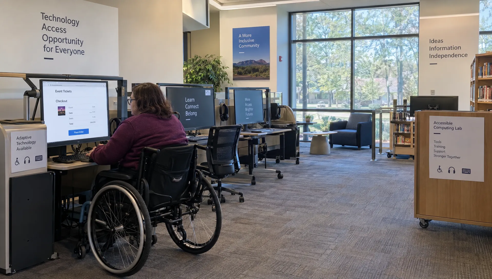 Landscape-wide view from inside a quiet community library accessibility lab, looking across several accessible computer stations with large monitors, adjustable keyboards and clear wheelchair routes; one adult tester sits at a station testing an event ticket checkout, with the room and its practical layout dominant.