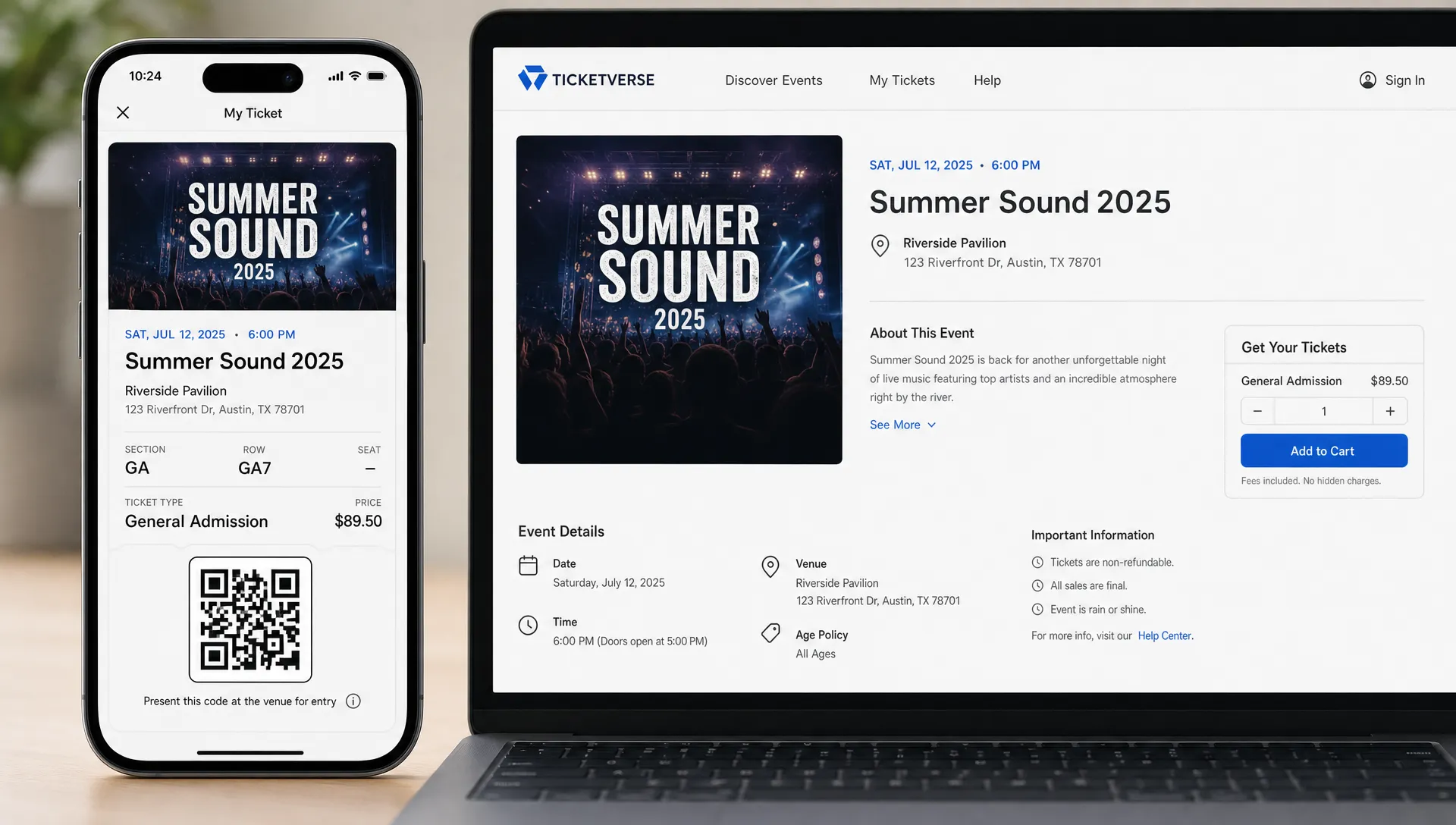 A digital event ticket shown beside the matching event page, with the event name, date, venue, ticket type and validation area visible.