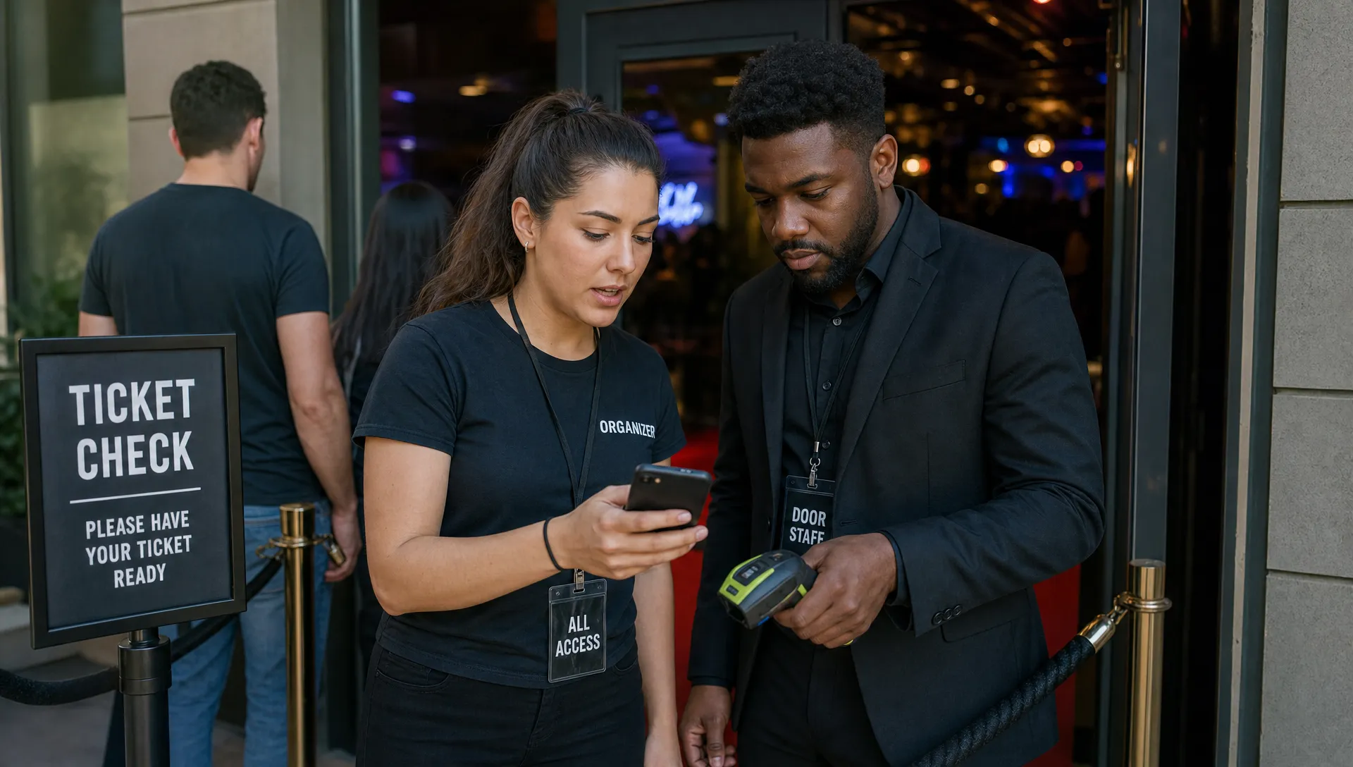 Landscape medium scene of an organizer and door staff member reviewing a buyer’s ticket details on a phone at an event entrance, with a short queue lane, a handheld scanner, and the venue entry behind them, capturing a real check-in moment.