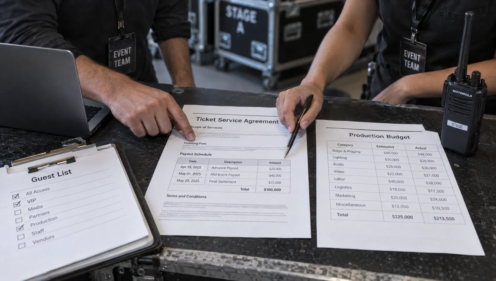 Event team members compare an event ticket service agreement with payout and production budget documents backstage.
