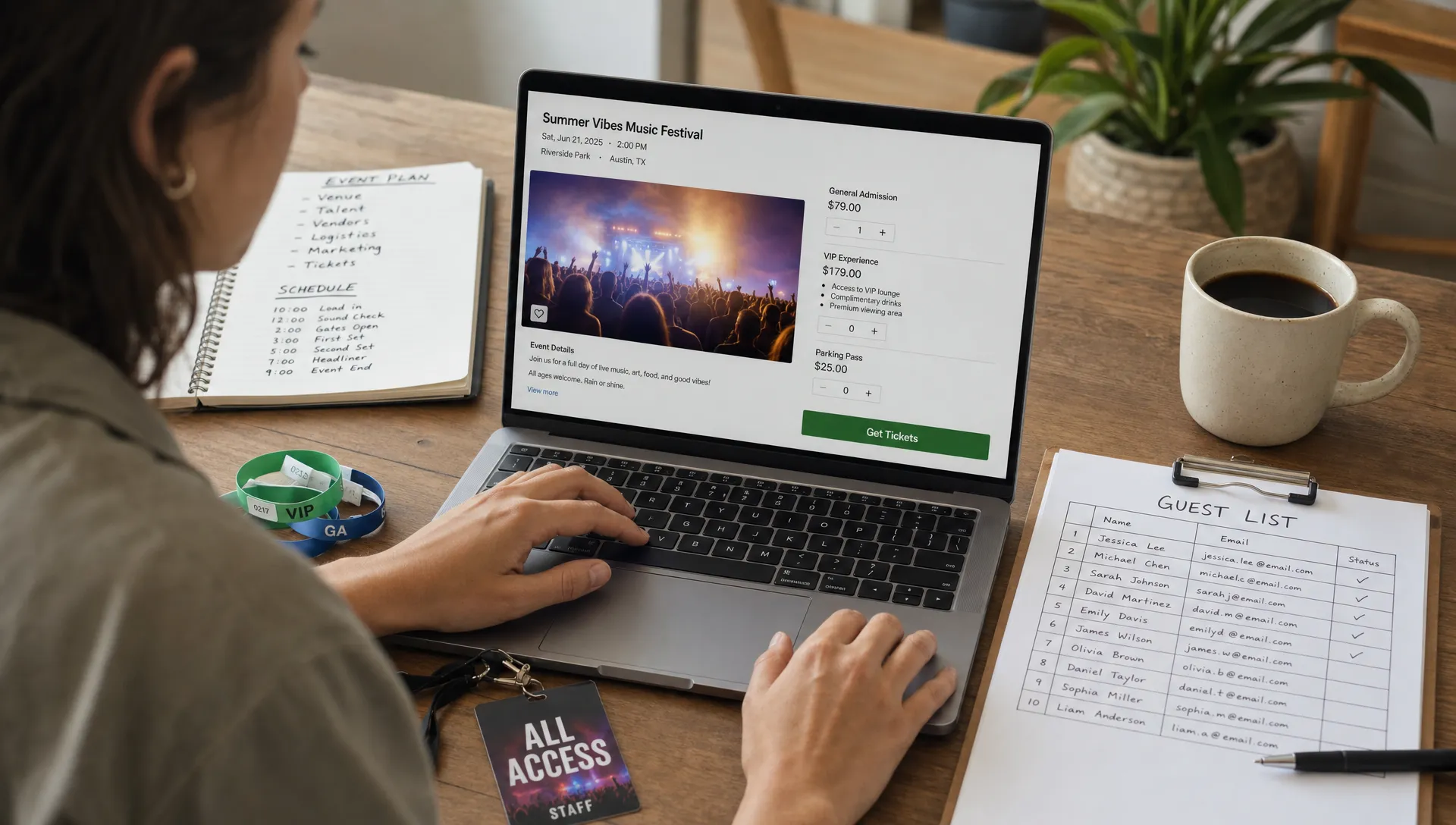 An event organizer reviews a ticket listing on a laptop beside venue notes, wristbands, and a guest list on the table.
