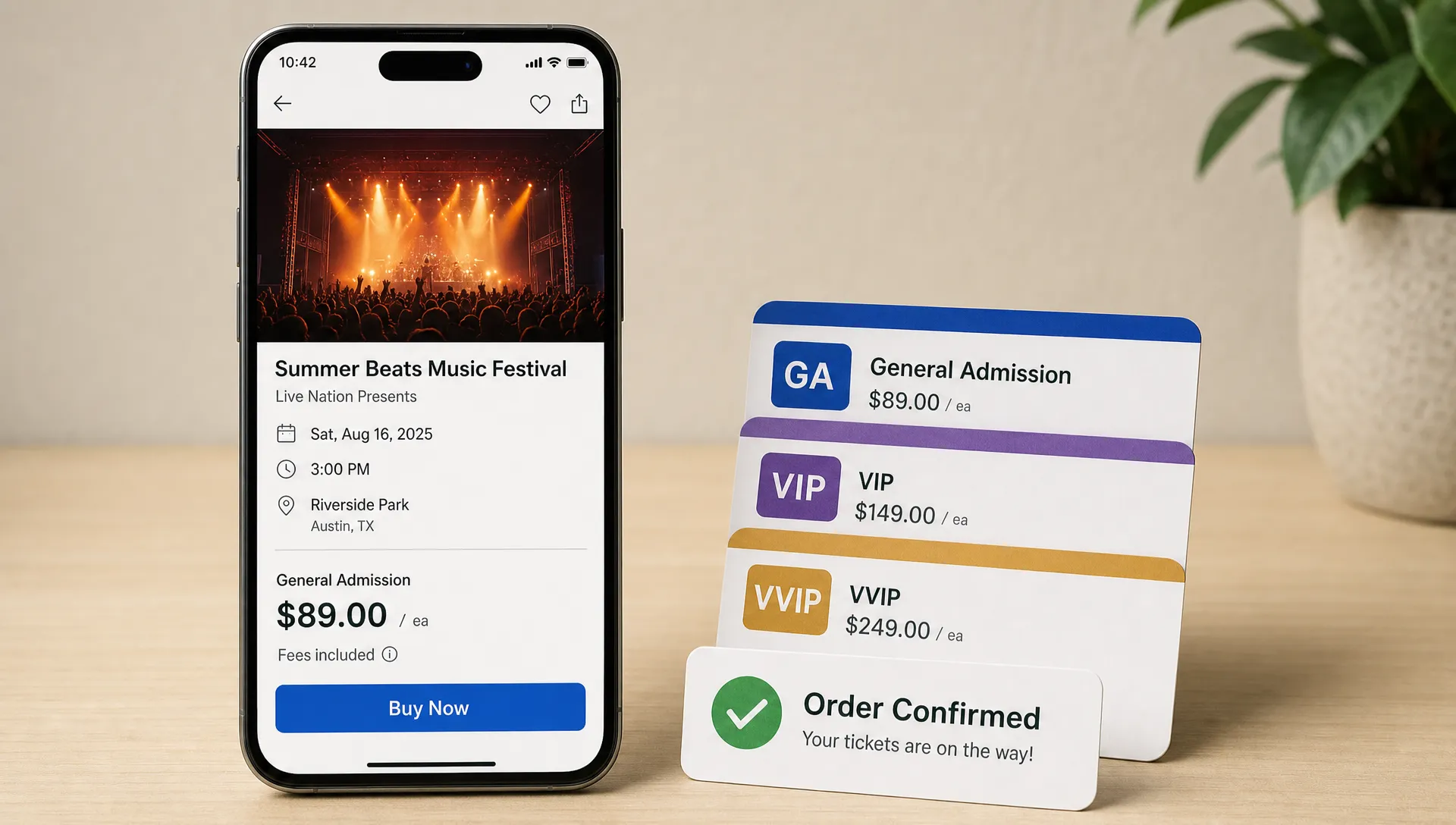 Landscape close-up of a smartphone showing an event listing with date, price, and buy button facing the camera, beside a small stack of ticket tier cards and a simple confirmation badge on a clean tabletop; no people present.
