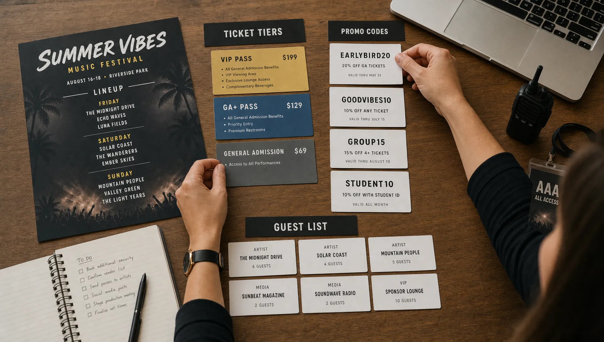 An organizer arranges ticket tiers, promo codes, and guest list cards for a multi-artist music lineup on a worktable.