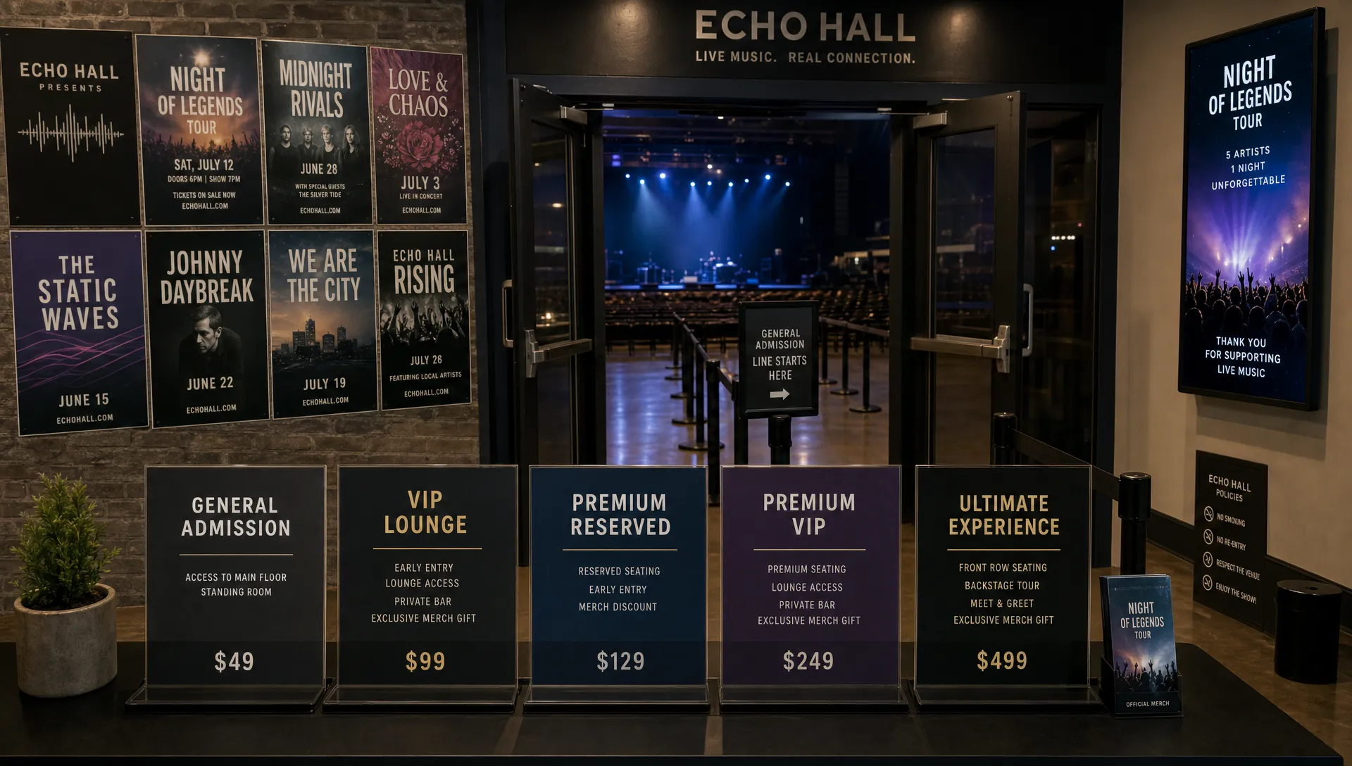 Landscape wide interior of a concert venue lobby with a layered event poster wall, a staffed entry lane, and several ticket tier placards on a counter facing the camera, with the main hall visible through open doors in the background. No people in the foreground; the scene should establish the place where a multi-artist ticket campaign turns into an actual night out.