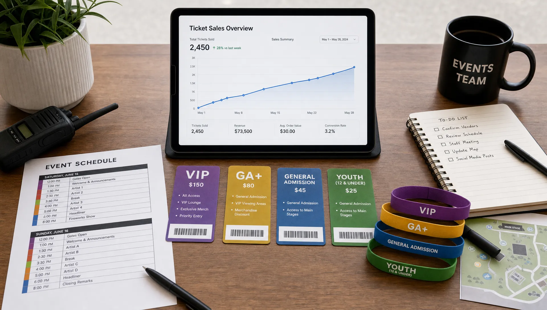 A clean event organizer workspace with printed event schedules, color-coded ticket tier cards, venue wristbands, and a tablet facing the viewer showing a simple upward ticket sales chart.