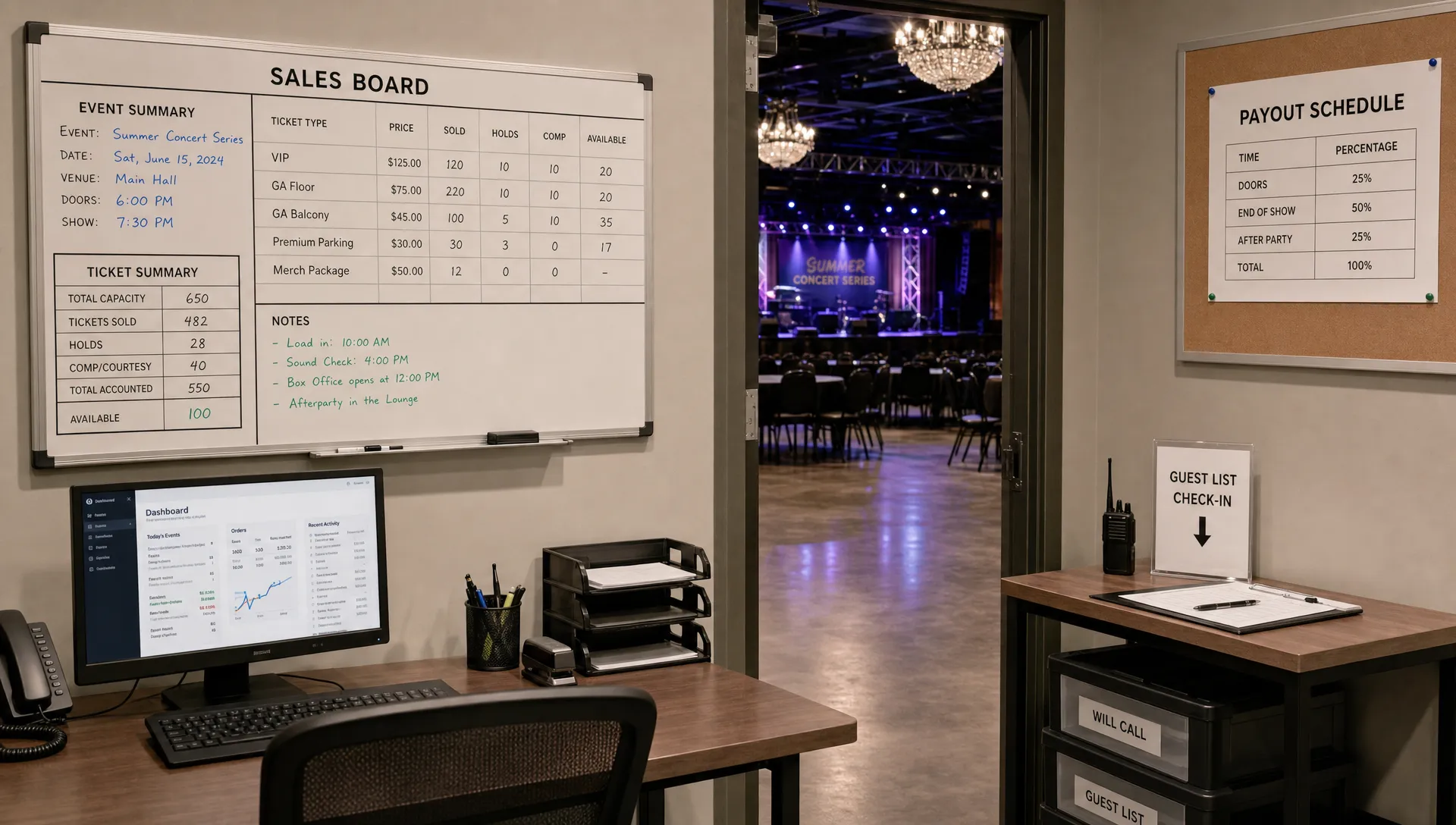 A landscape interior of a venue operations office with a wall-mounted sales board, a payout schedule pinned nearby, a guest list station on a side table, and the event hall visible through an open doorway in the background, with no people and a practical setup that suggests the system behind ticket sales.