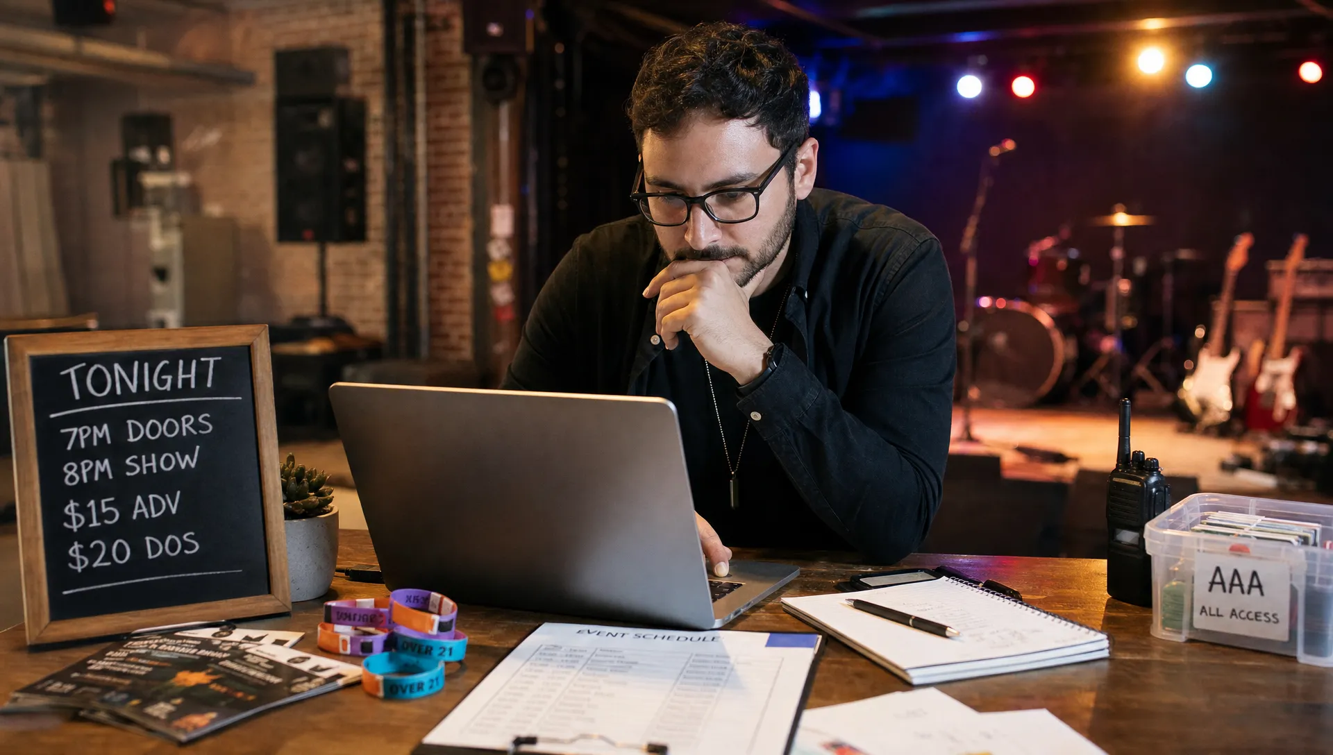 An event organizer reviewing ticket sales, payout timing, and pricing tiers on a laptop at a small venue table, with wristbands, printed schedules, and stage lights in the background. The laptop screen faces the organizer and is not visible to the viewer.