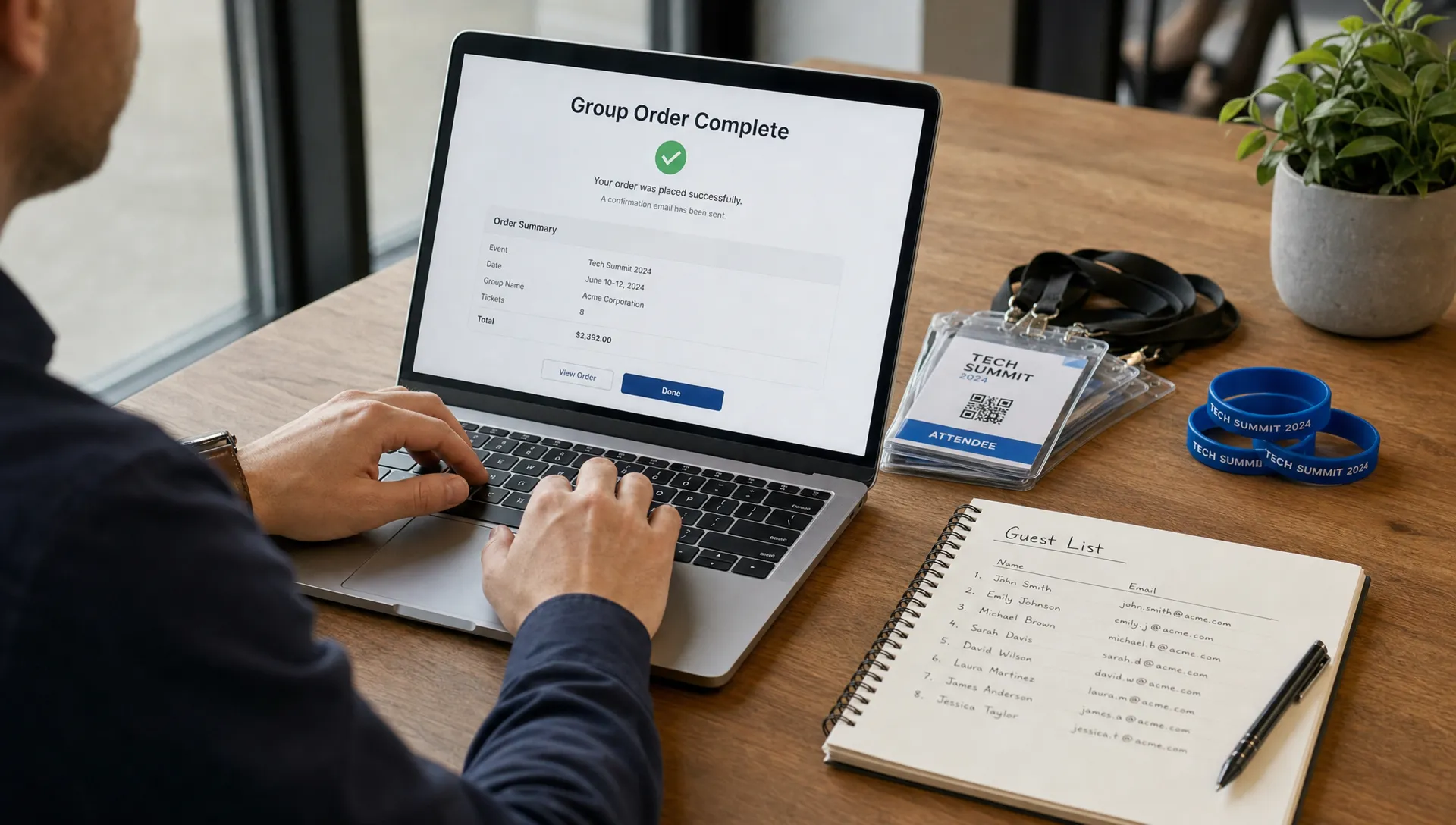 A lead buyer completes a group ticket order on a laptop while badges, wristbands, and a guest list sit beside it.