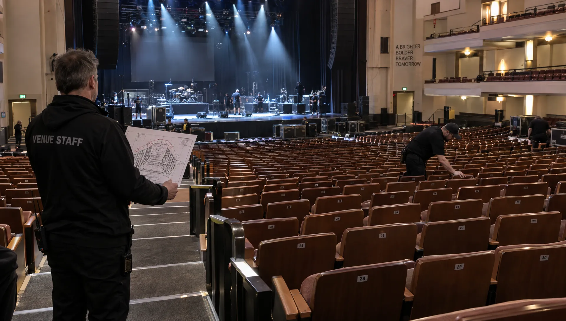 Landscape view from the rear of a concert hall during load-in, looking down toward the stage and across rows of numbered seats. A venue manager stands at the aisle entrance holding a floor plan while a technician checks seat labels; the room’s scale and assigned seating are the main focus, with no desk or sales screens.
