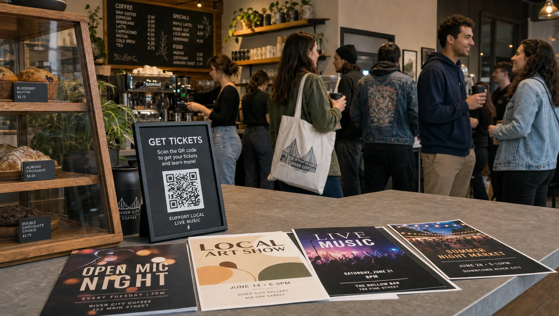 A cafe counter with event flyers, a small tabletop sign showing a QR code for tickets, and people in the background picking up drinks and talking before a local night out.