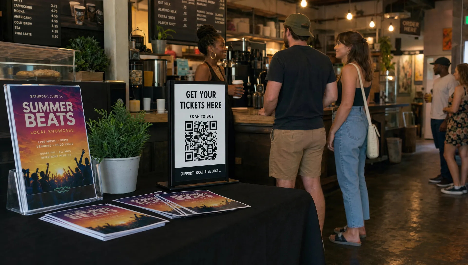 A wide indoor scene inside a café or neighborhood hangout with a small event promotion table near the counter, a tabletop sign with a QR code for tickets facing the camera, printed flyers, and a few patrons in the background chatting and ordering drinks, suggesting local discovery and low-friction ticket scanning before a night out.