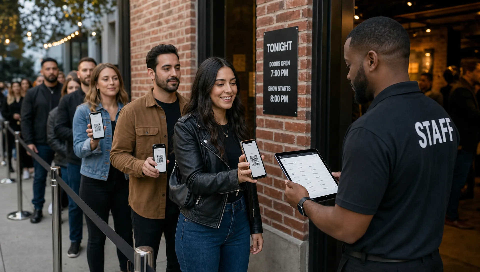 Event staff at a venue entrance using a digital guest list on a tablet while attendees wait in an organized line with QR tickets ready on phones, with the phone screens facing the check-in staff and the entry process moving smoothly.
