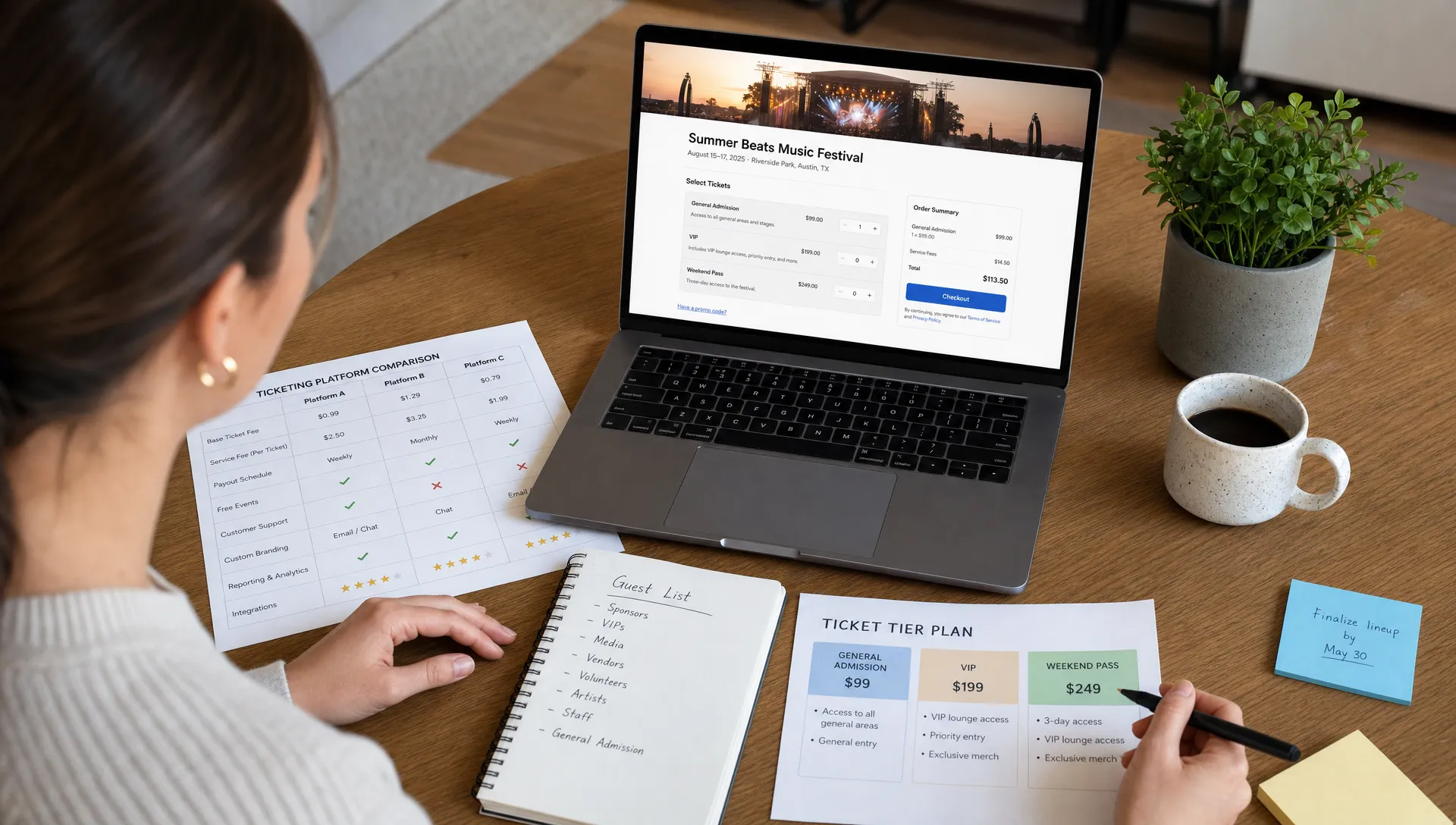 An event organizer compares ticketing platform options on a table with printed fee charts, guest list notes, ticket tier plans, and a laptop showing a clean event checkout page facing the organizer, viewed from a slightly higher angle in a quiet indoor workspace.