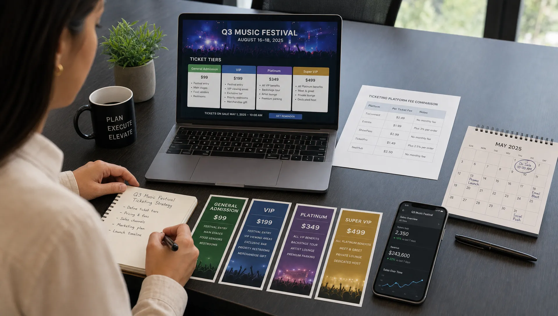 A wide workspace scene showing an event organizer planning ticketing strategy with a laptop facing the camera on a conference table, printed ticket tier cards, a fee comparison sheet, a calendar, and a phone with a simple sales dashboard, in a modern indoor office setting with no crowd and a focused, decision-making mood.