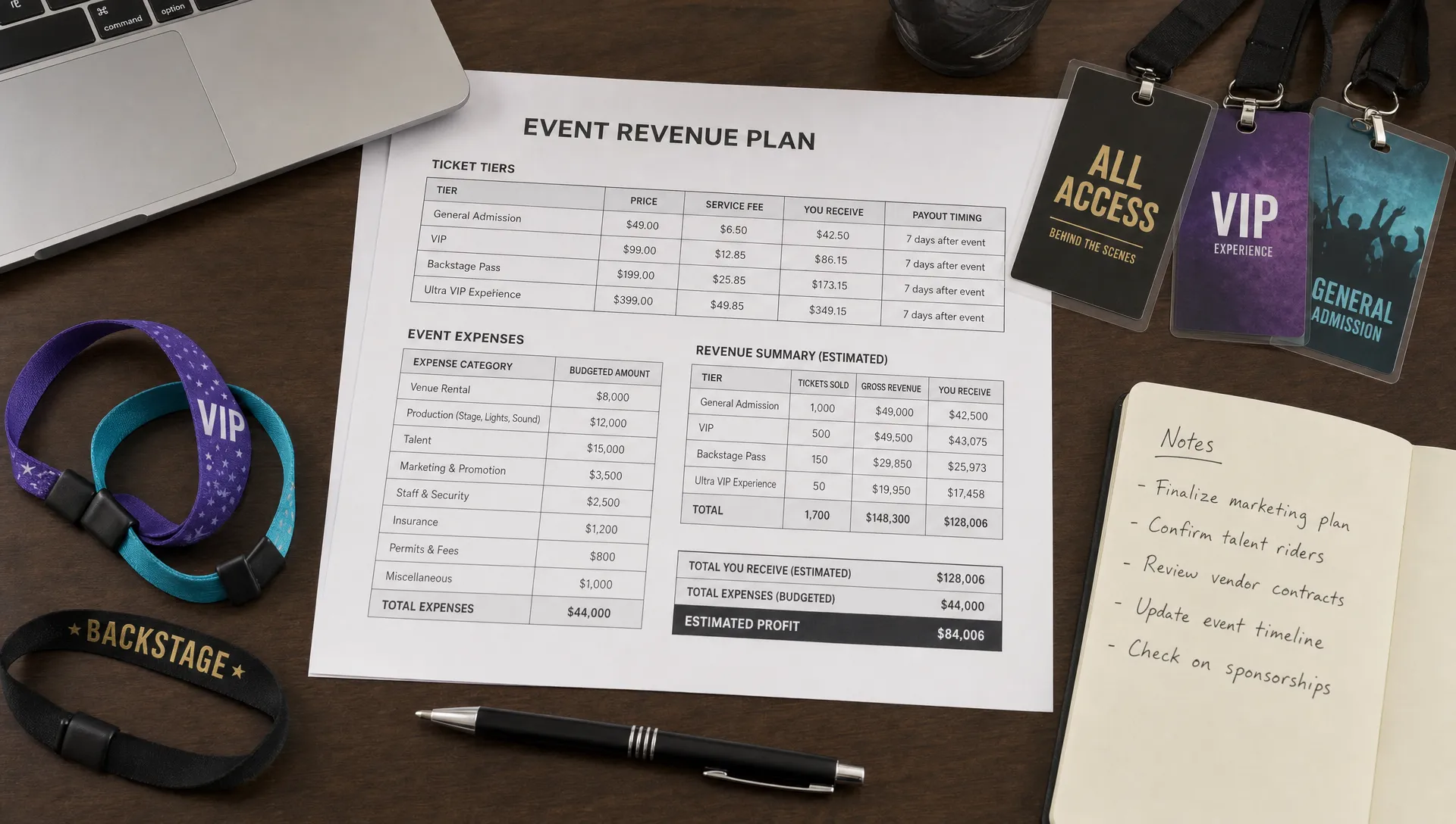 A printed revenue plan with ticket tiers, service fees, payout timing, and event expenses laid out on a desk beside wristbands and admission passes, viewed from above in a quiet indoor planning setting.