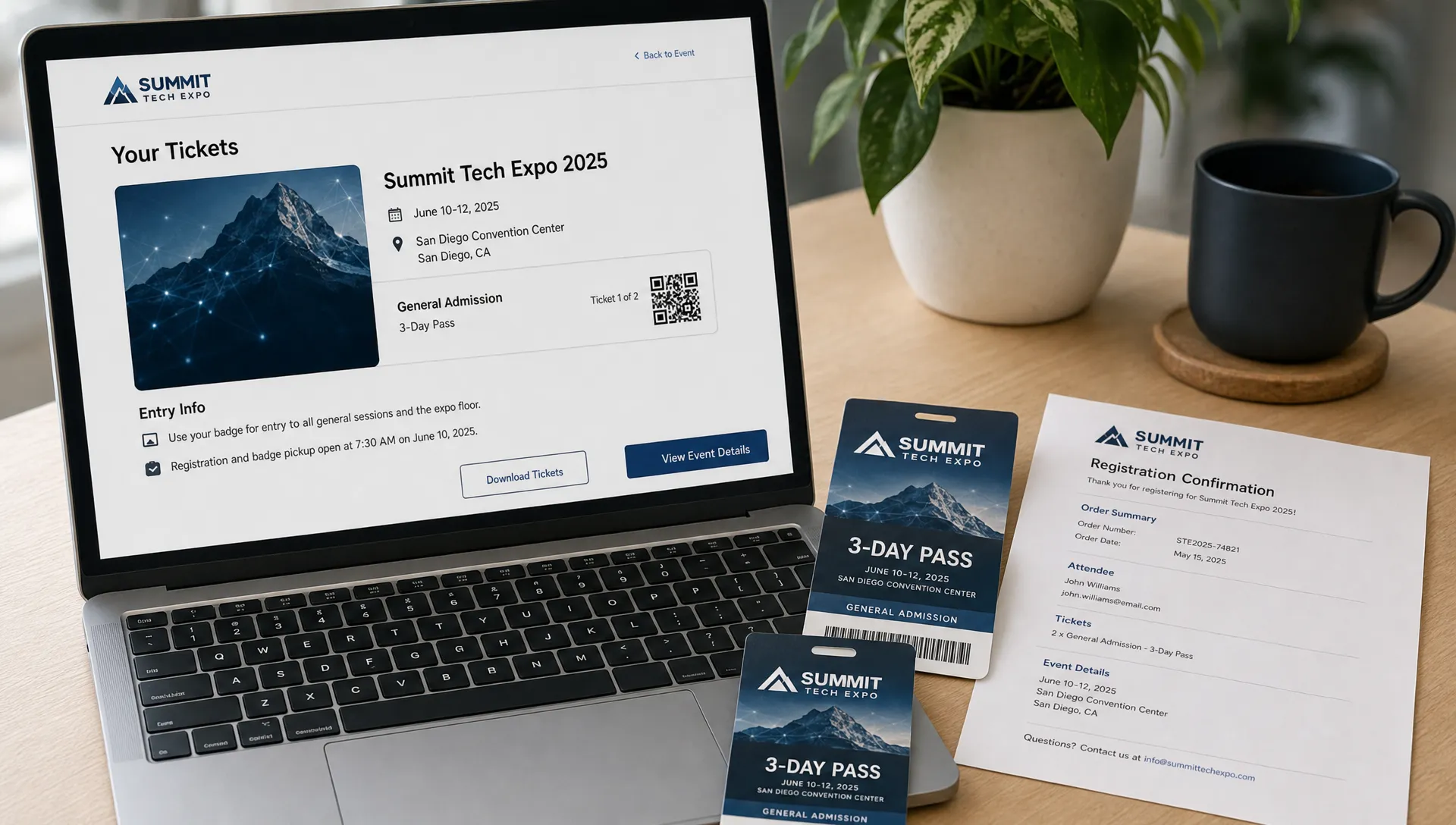 A branded event ticket page on a laptop with printed passes and a confirmation sheet arranged nearby, matching the event details and entry information.