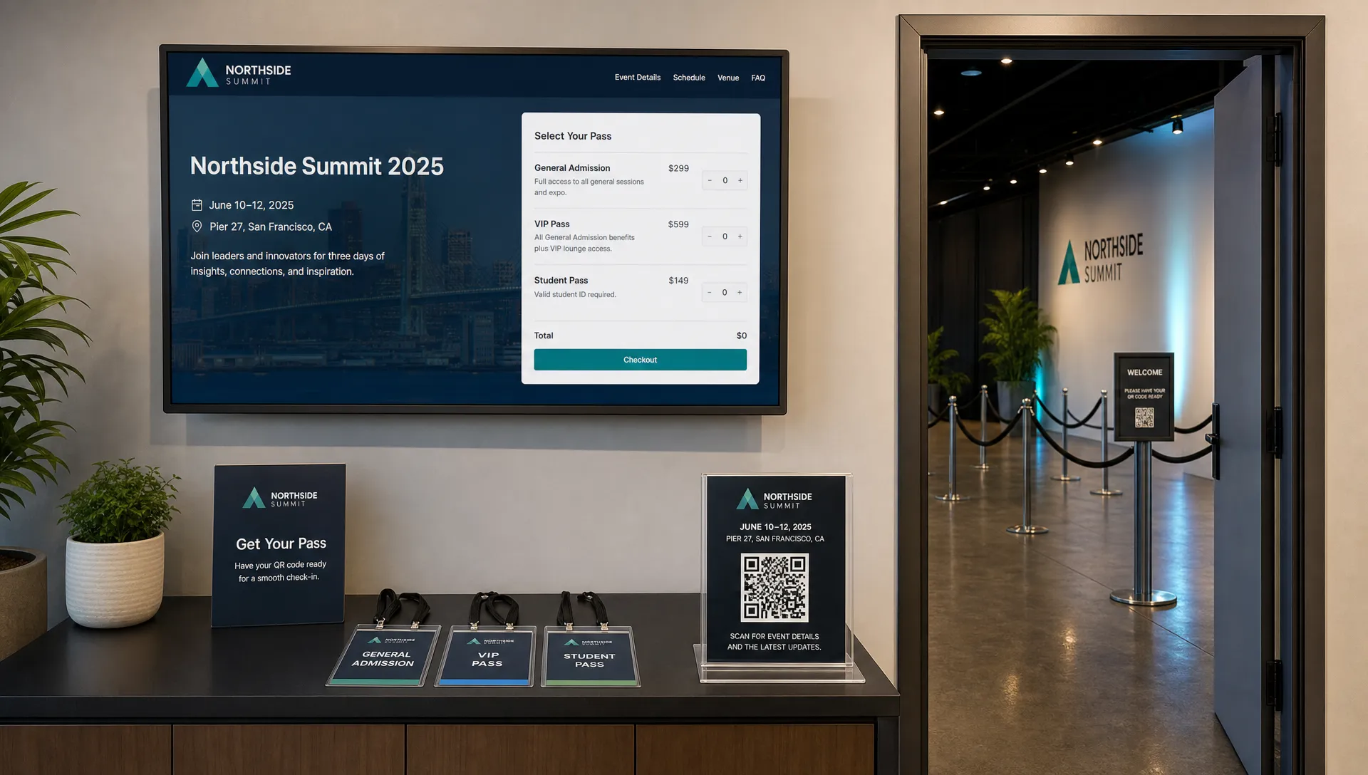 Landscape wide interior of a polished event setup area with a branded ticket page on a wall display facing the camera, a small counter holding printed passes and a signage mockup, and an open doorway revealing the venue entry lane beyond, with no people present and the room focused on aligning ticket page, confirmation, and door workflow.